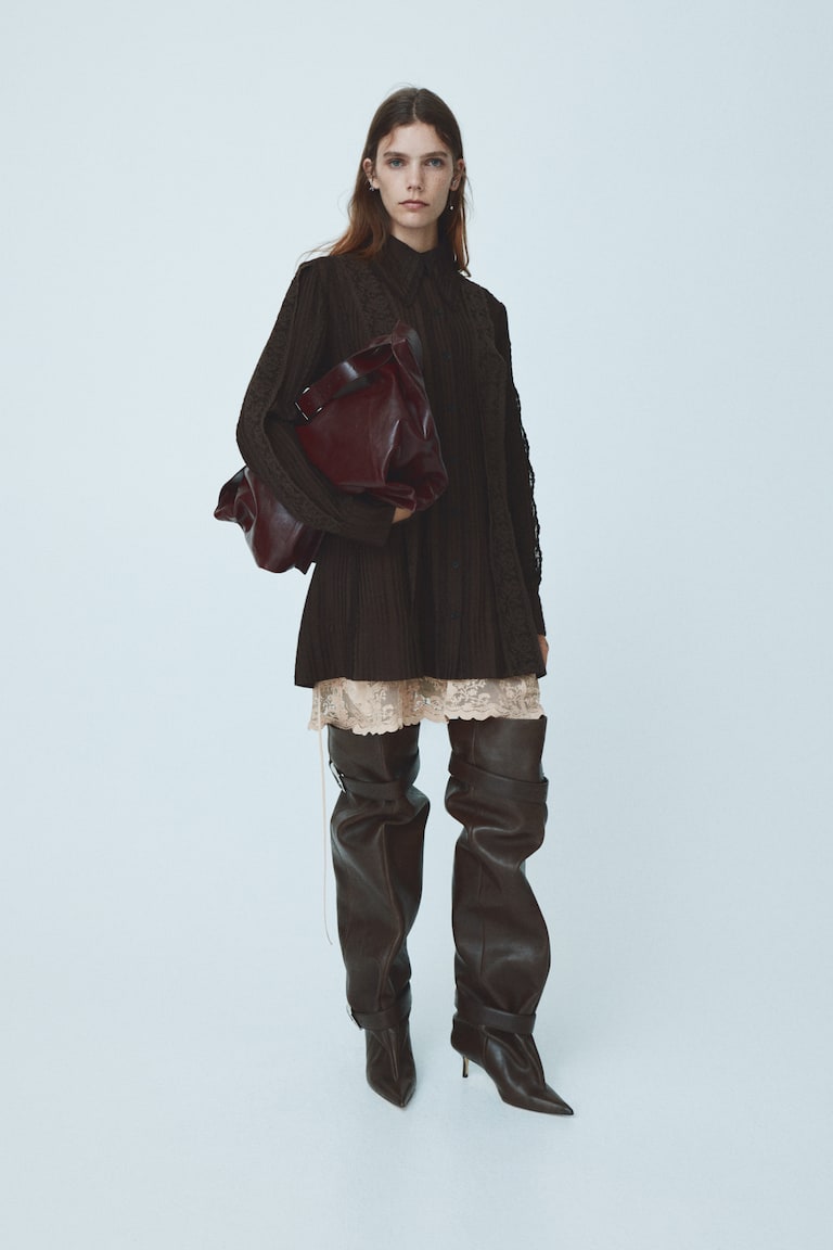 Lace-Trimmed Shirt Dress - Dark brown