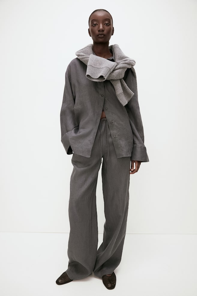 Wide linen trousers - Dark grey - 1
