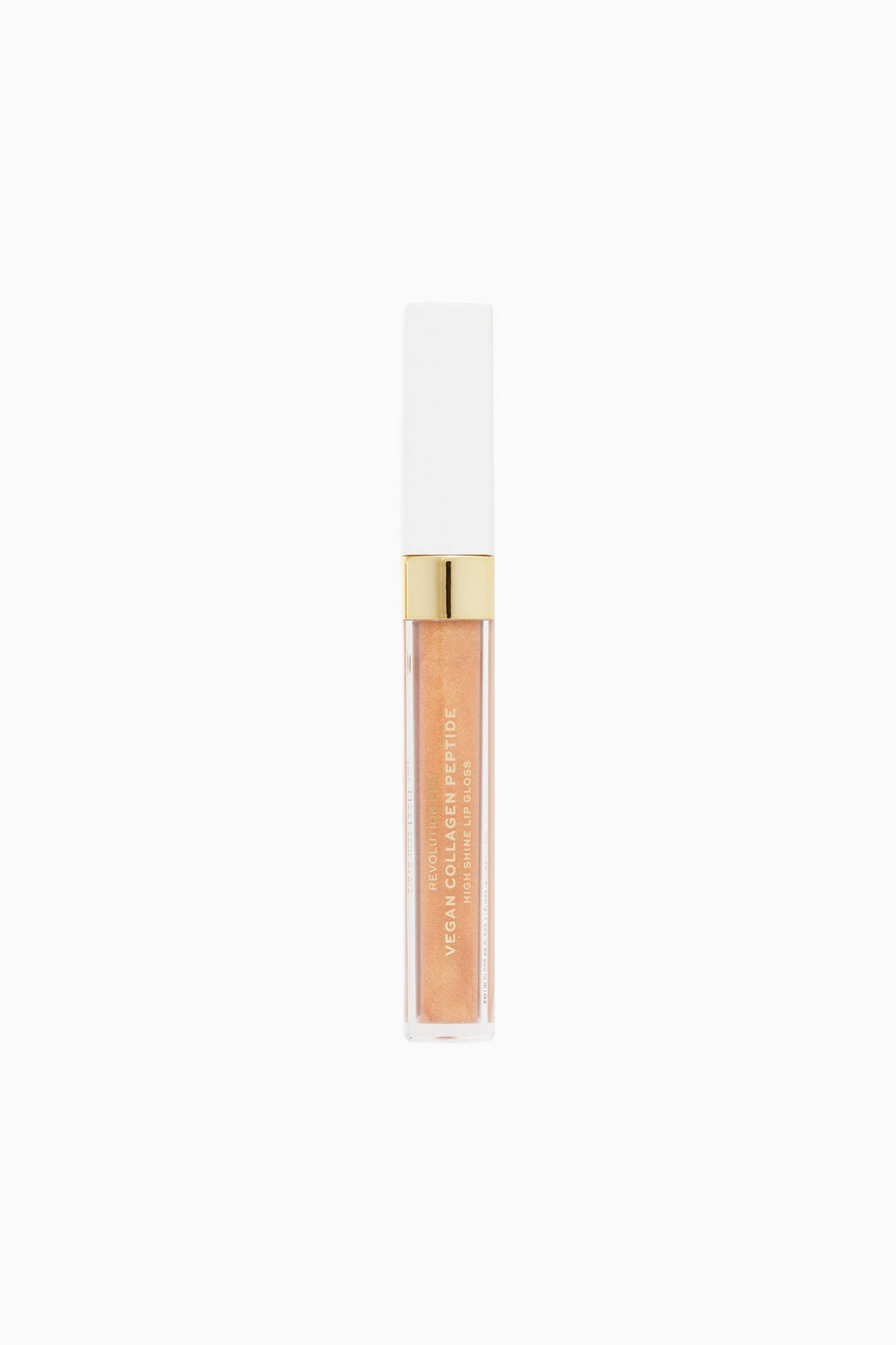 Größeres Bild ansehen: Ein Lipgloss im Tubenformat steht aufrecht und zeigt einen transparenten zylindrischen Behälter, der mit einem schimmernden, hell pfirsichfarbenen Gloss gefüllt ist. Die Tube verfügt über einen metallisch goldenen Ring, einen festen weißen Deckel und goldene Schrift, die vertikal auf der Vorderseite aufgedruckt ist.