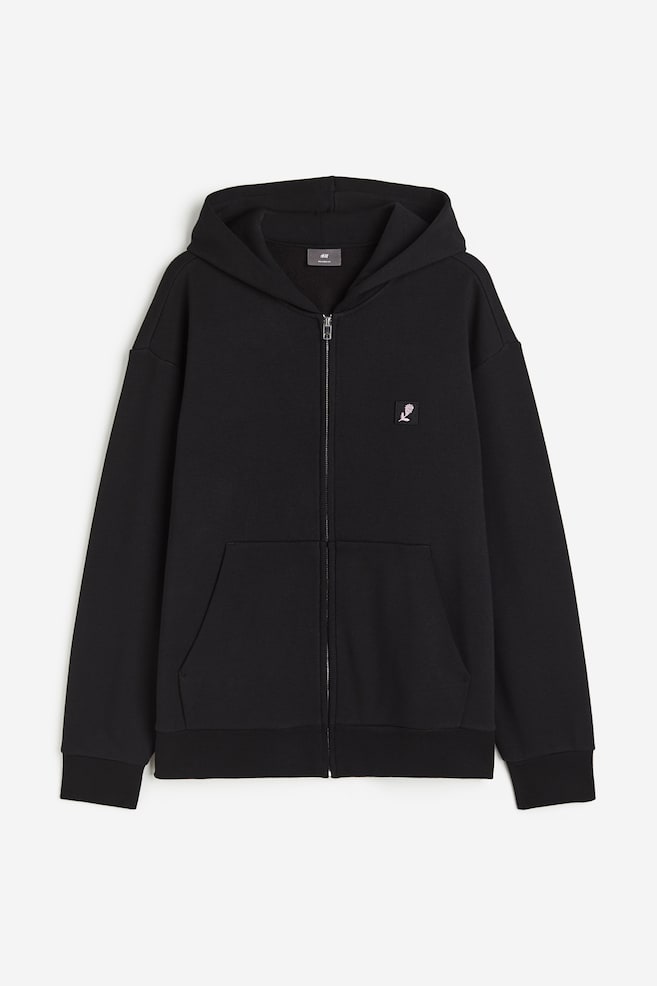 Loose Fit Zip-through hoodie - Black/White/Flower - 1