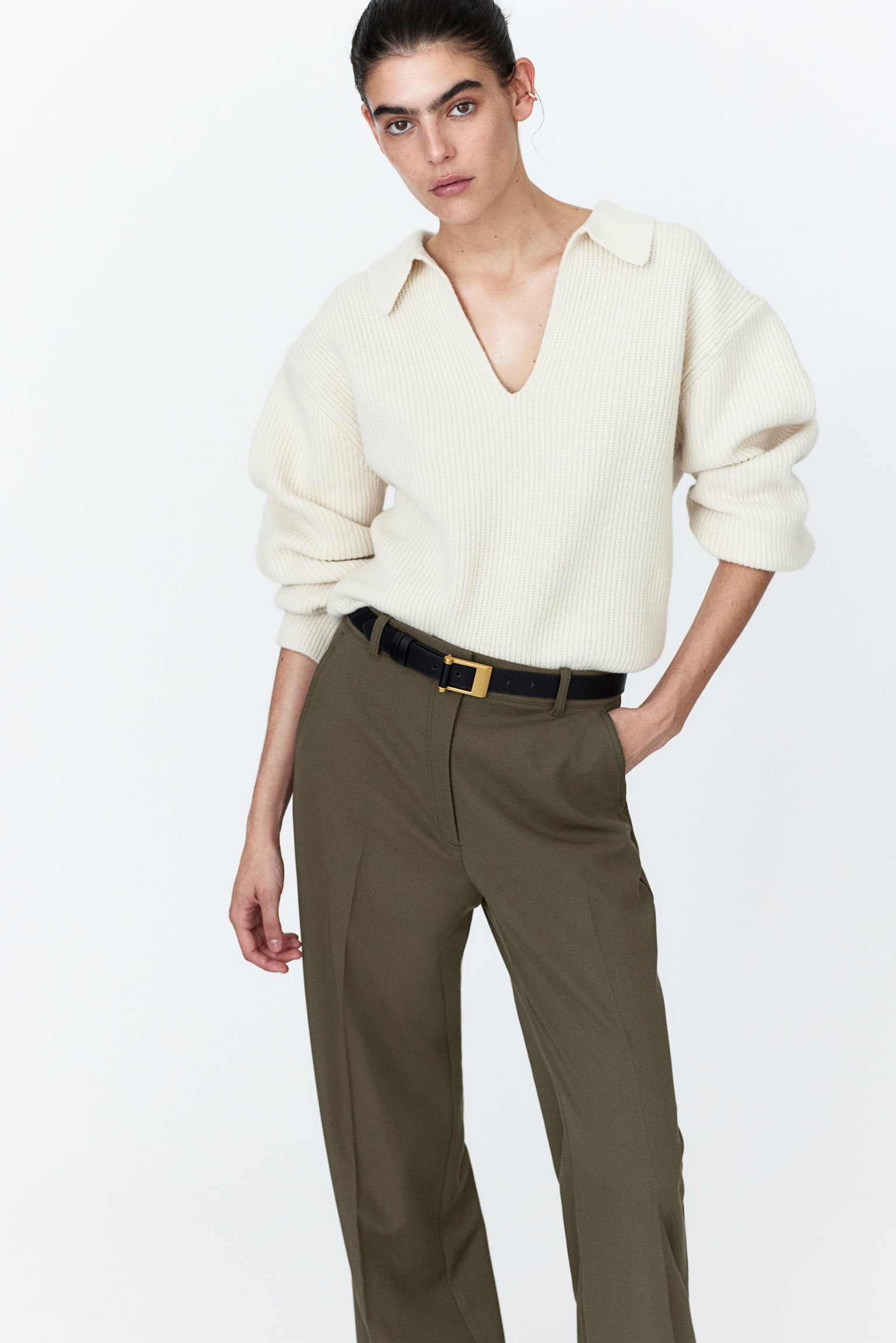 Flared twill trousers - Khaki green - 1