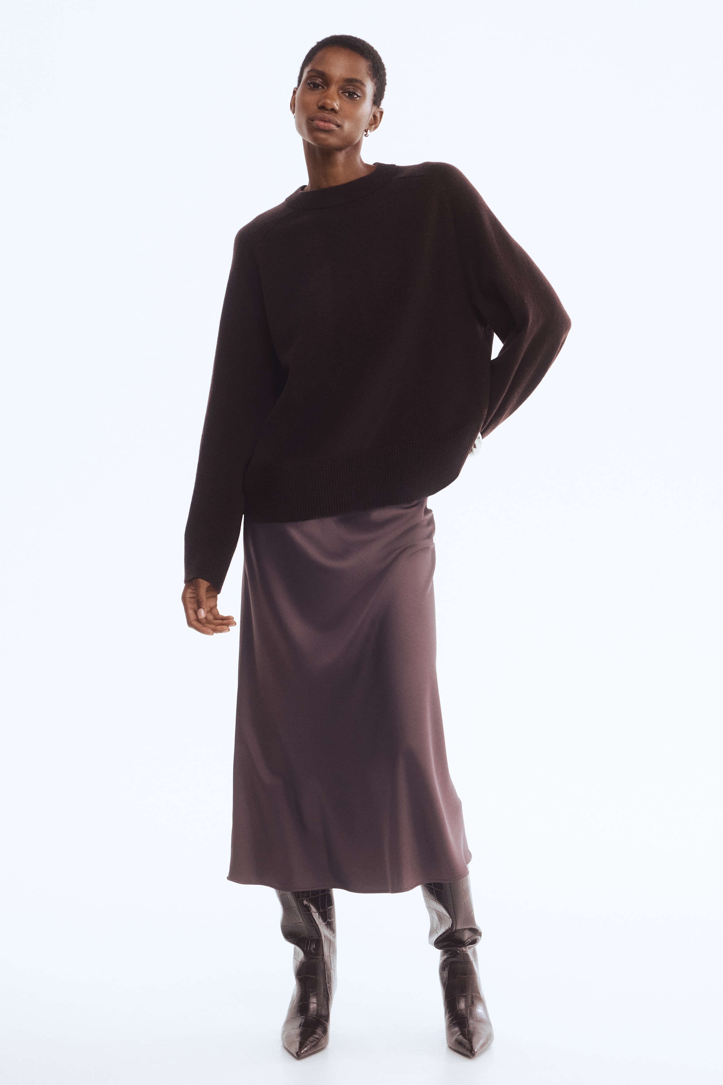 Oversized wool jumper - Dark brown/Light beige