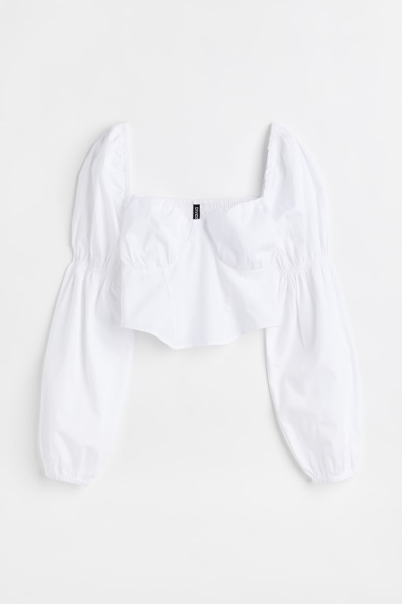 Puff-sleeved cropped blouse - Sweetheart neckline - Long sleeve - White ...