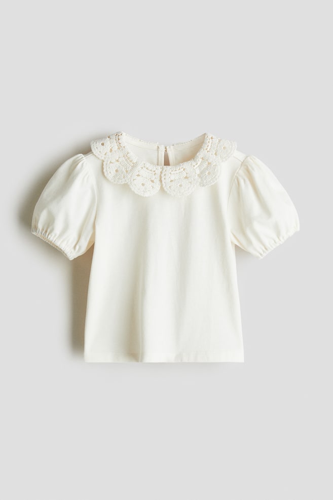 Top met kraag met gehaakte look - Wit/Blauw/bloemen - 1