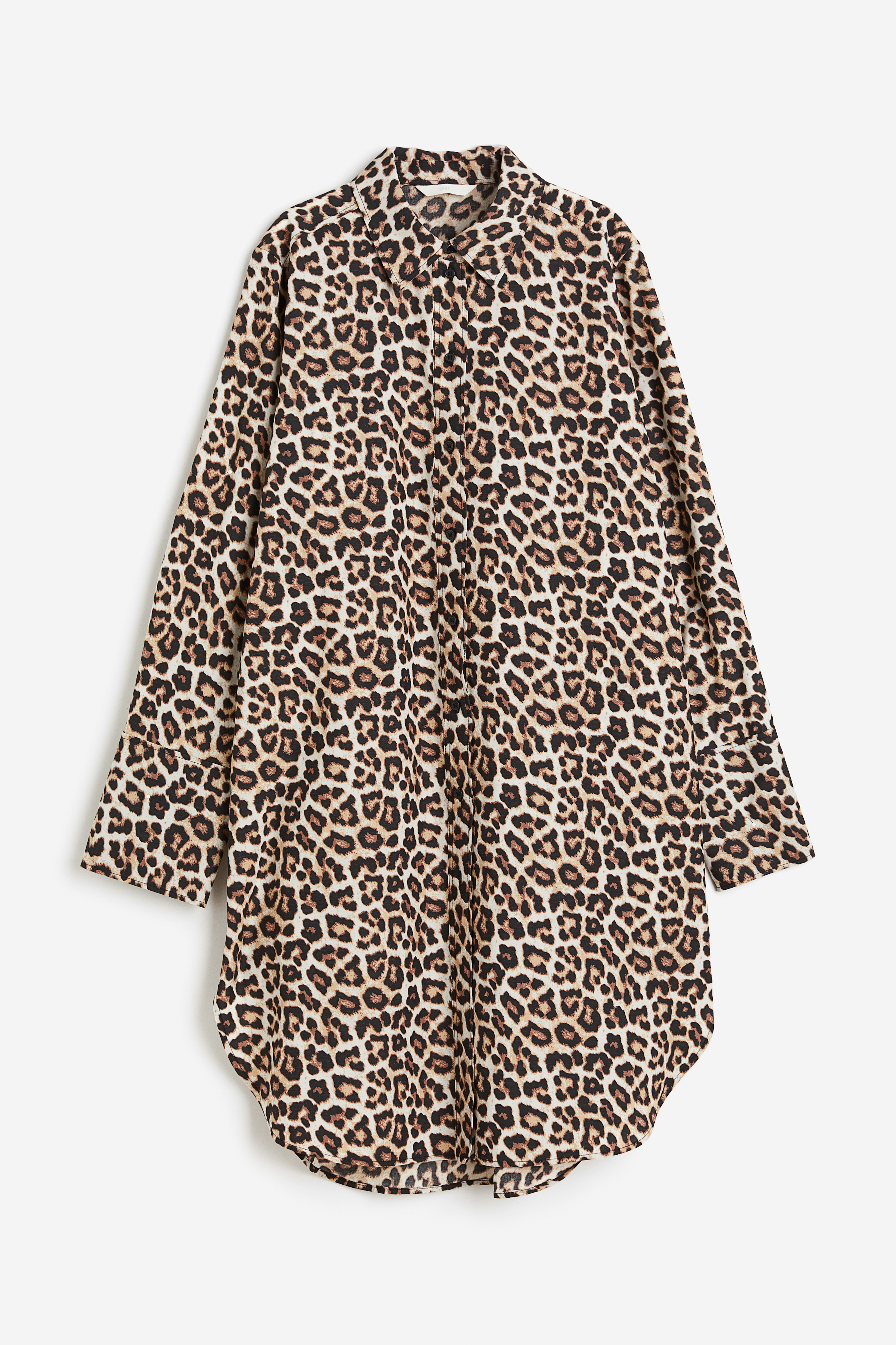 Lyocell-blend Shirt Dress - Long sleeve - Midi - Light beige/leopard print  - Ladies | H&M US