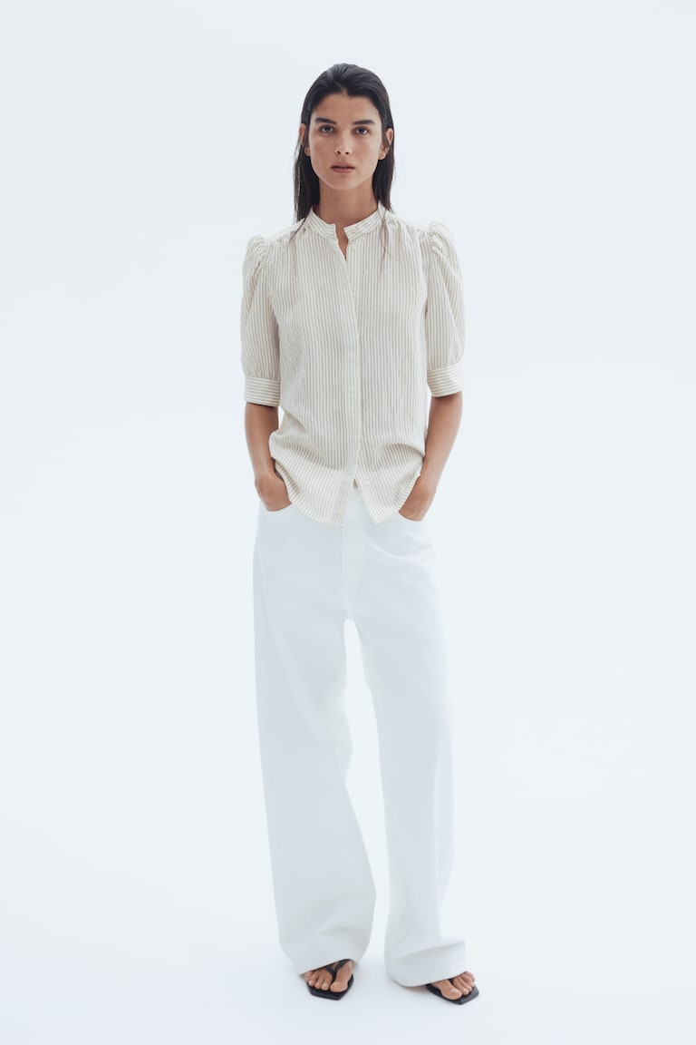 Puff-Sleeved Blouse Cream/striped Ladies H&M US