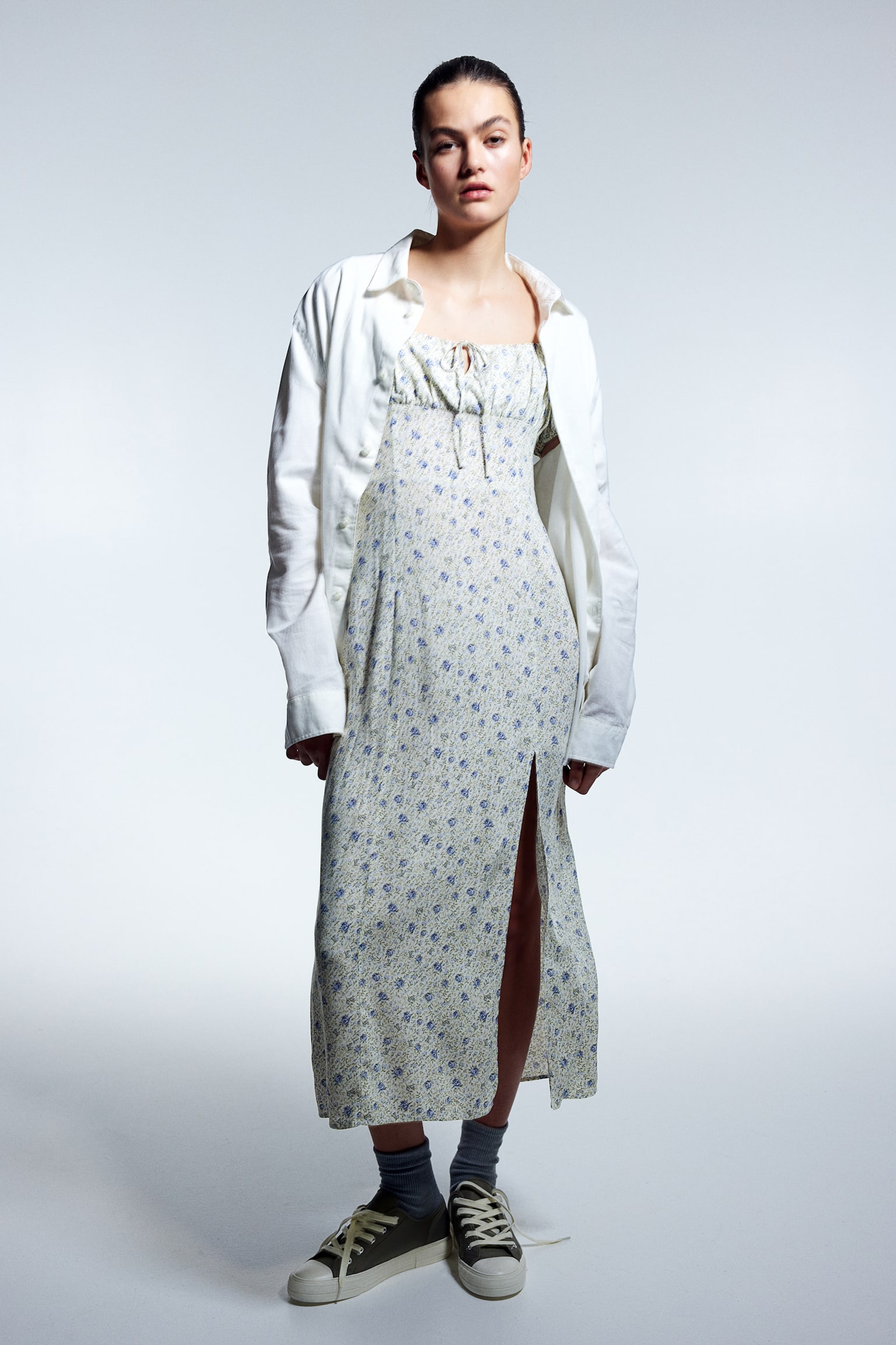 Puff-sleeved midi dress - Cream/Floral - 1