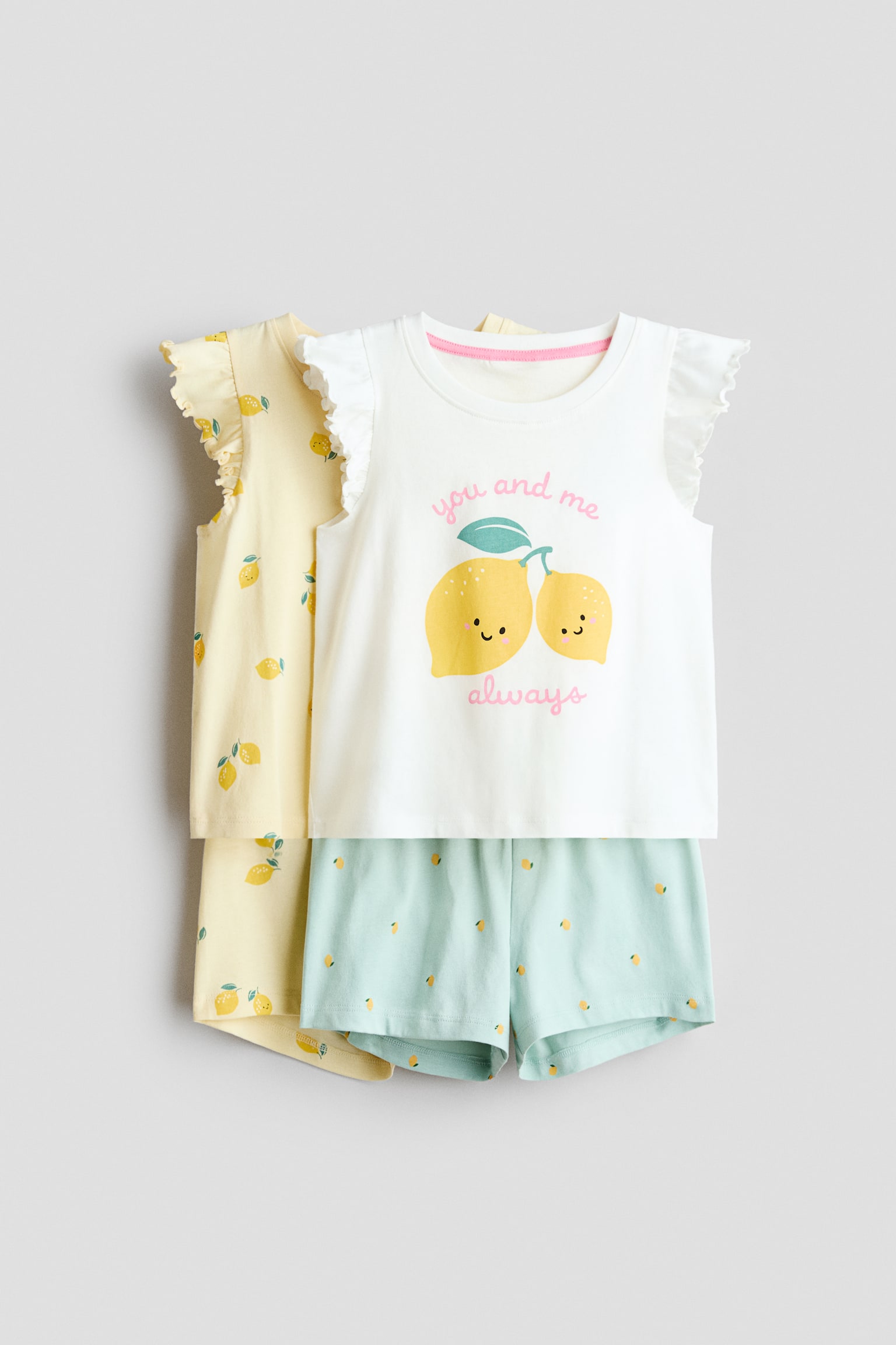 2er-Pack Pyjamas mit Volantärmeln - Hellgelb/Zitronen/Hellrosa/Mäuse