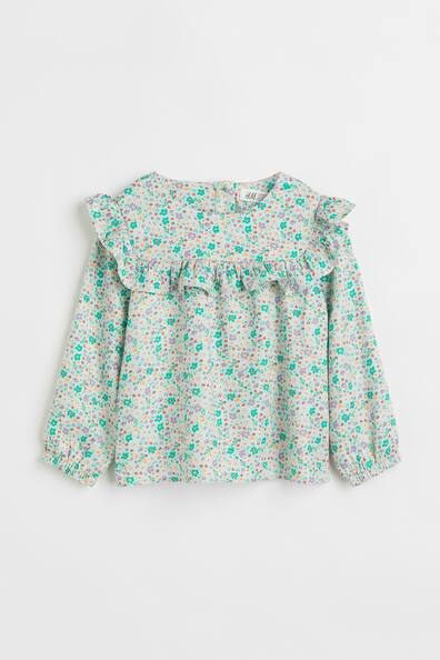 Flounce-trimmed blouse - Round neck - Long sleeve - Light green/Floral ...