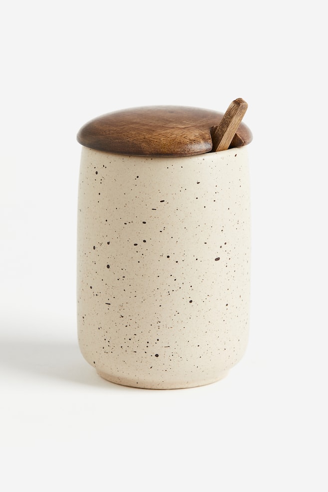 Reactive-glaze pot with a spoon - Light beige/Speckled - 1