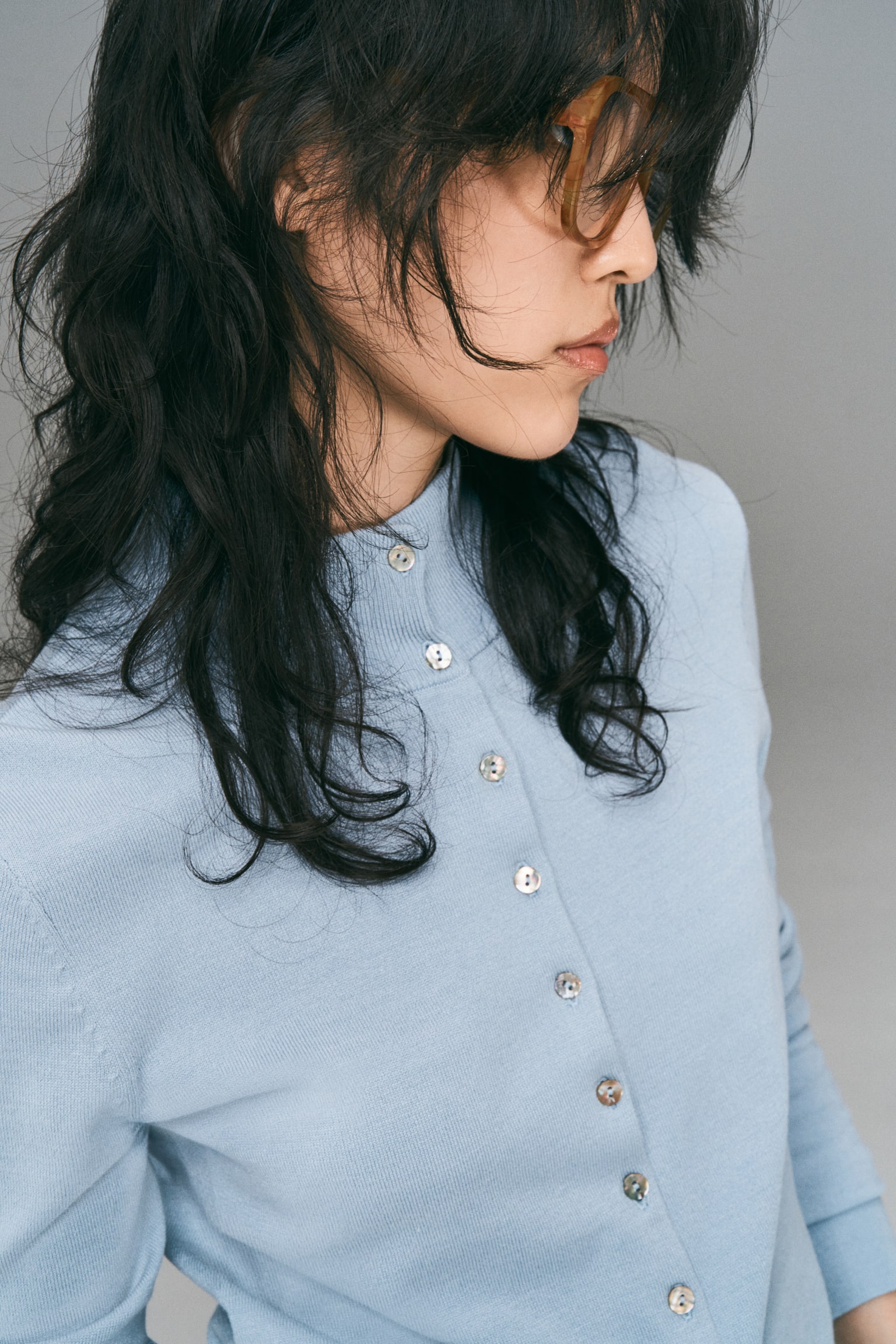 비스코스 블렌드 터틀넥 가디건 - 라이트 블루/그레이 멜란지 - 6