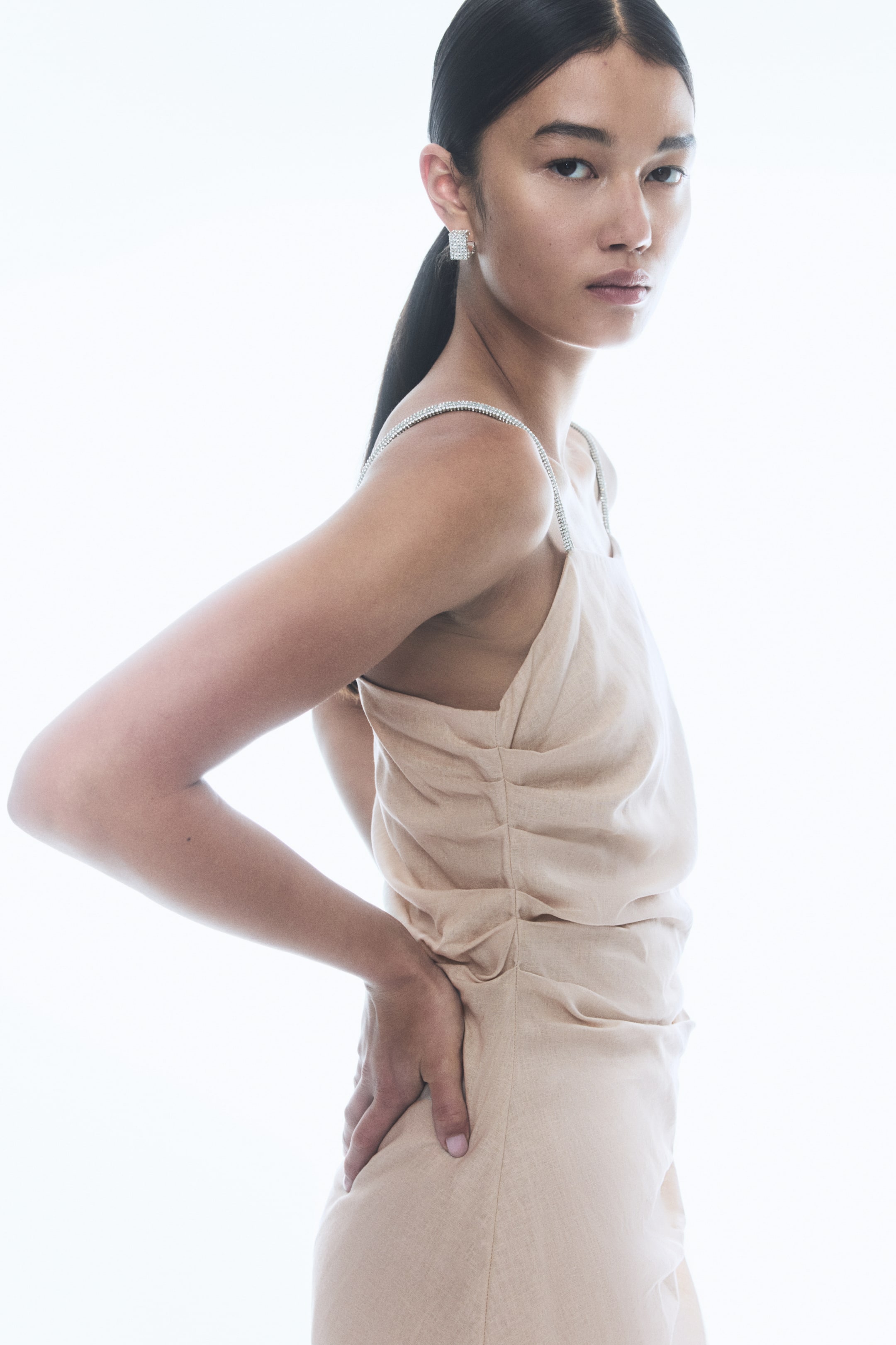 View larger image: Linen-blend rhinestone-strap dress - Light beige - Ladies | H&M AU 1
