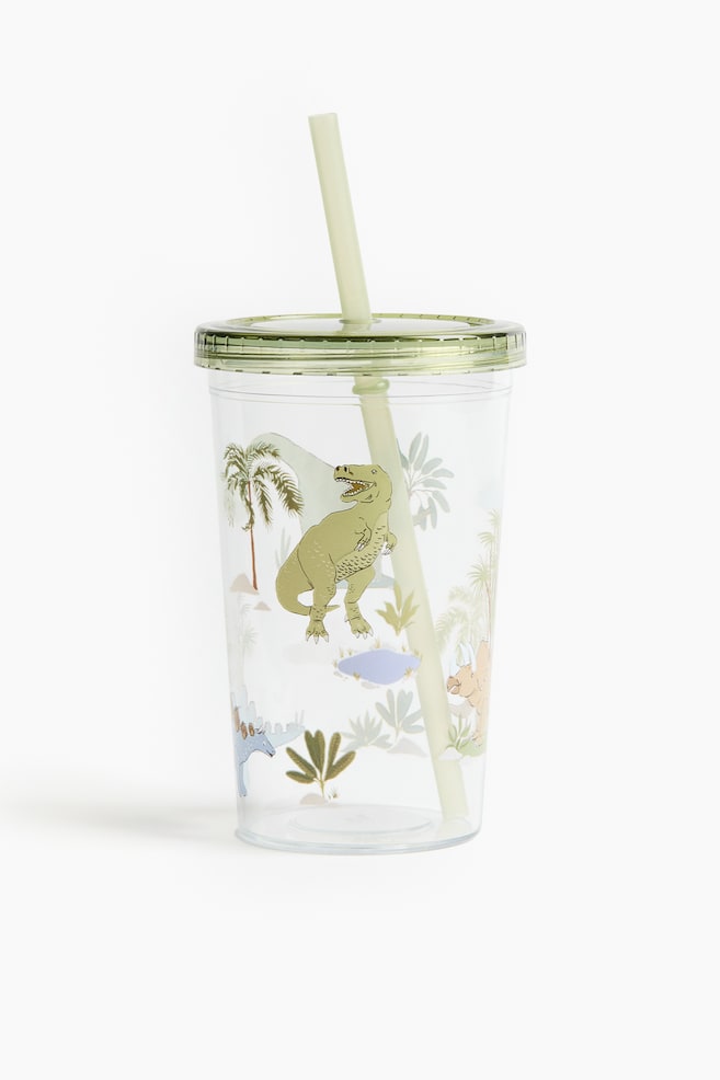 Patterned Plastic Mug with Straw - Green/dinosaurs/Light blue/palm trees/Orange/You Are My Sunshine - 1