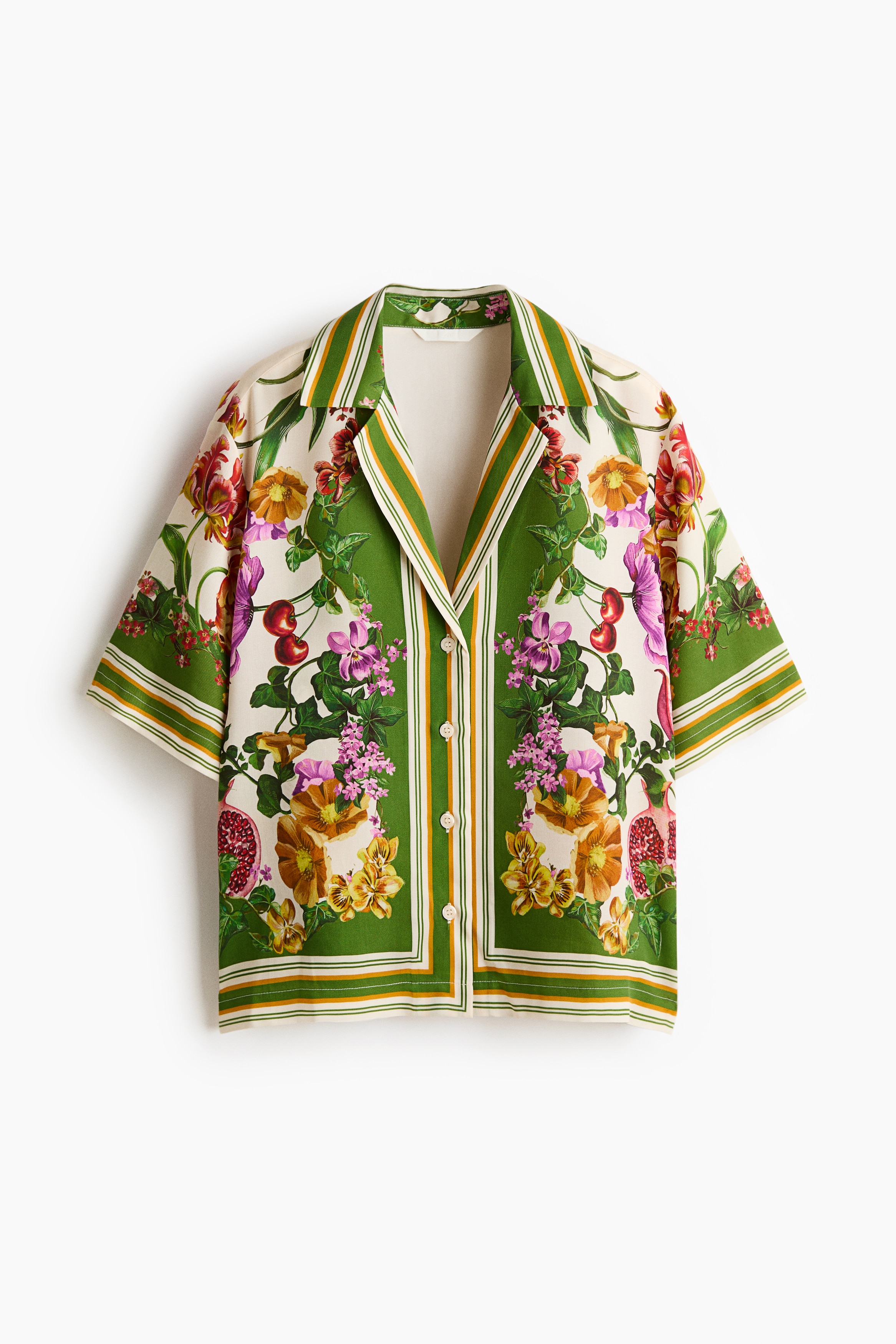 Kortärmad skjorta i lyocell - Grön/Blommig/Ljus dimrosa/Blommig