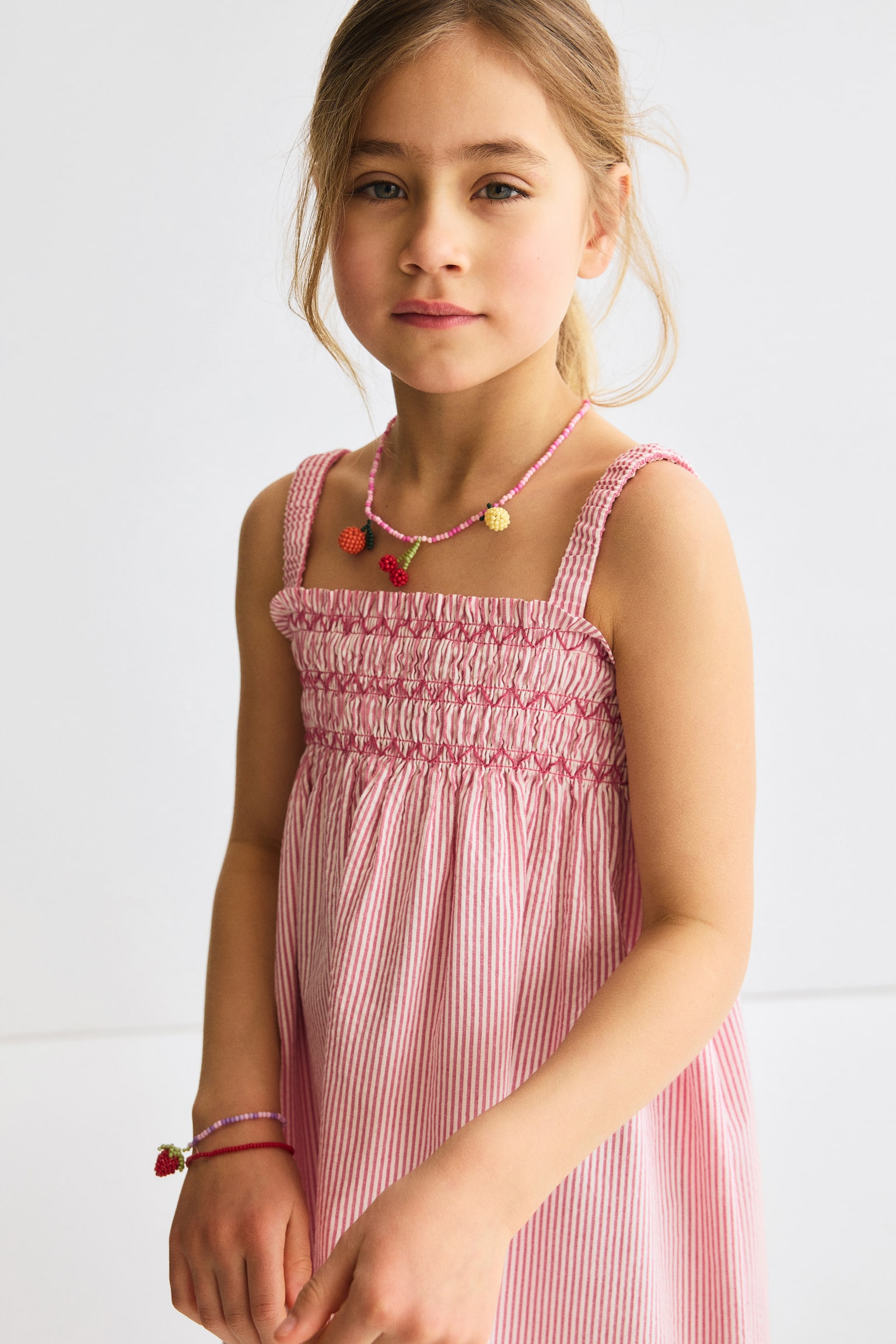 Smocked strappy dress - Red/Beige striped/Light yellow/White/Blue striped - 4