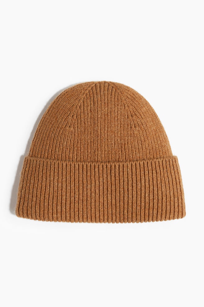 Berretto in maglia di misto lana a coste - Marrone chiaro/Crema - 1