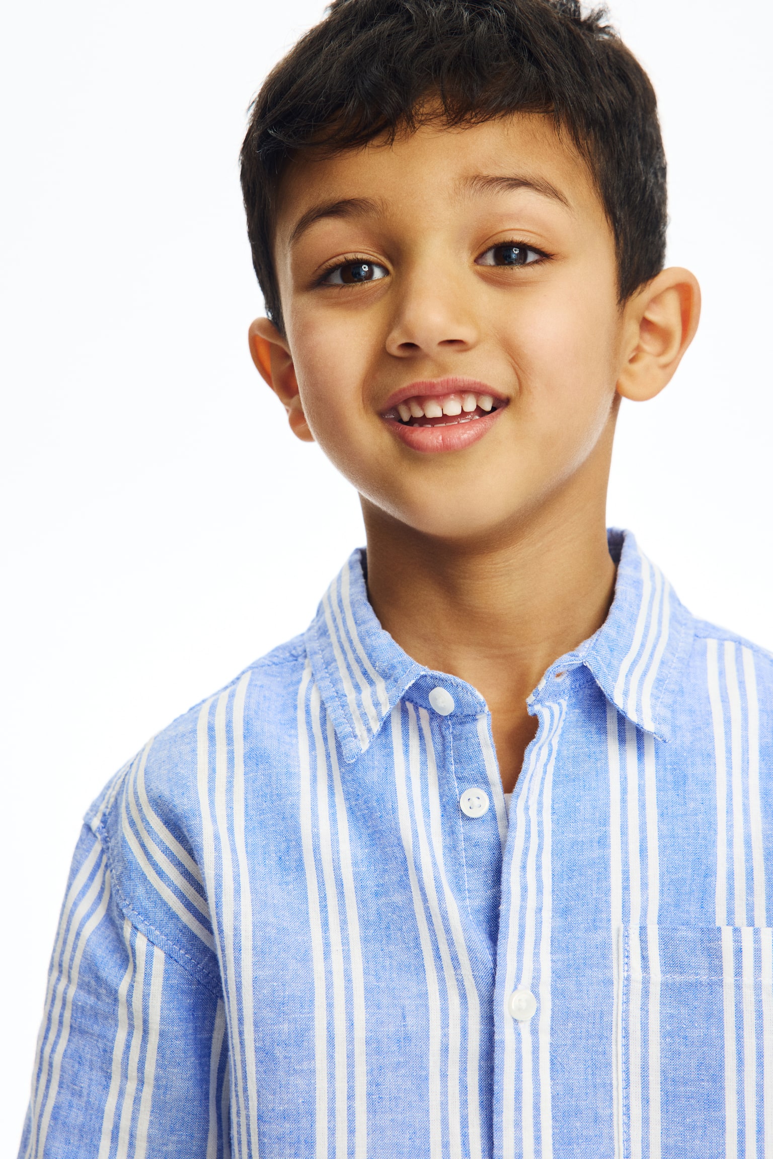 Short-sleeved linen-blend shirt - Light blue/Striped/White/Light beige - 4