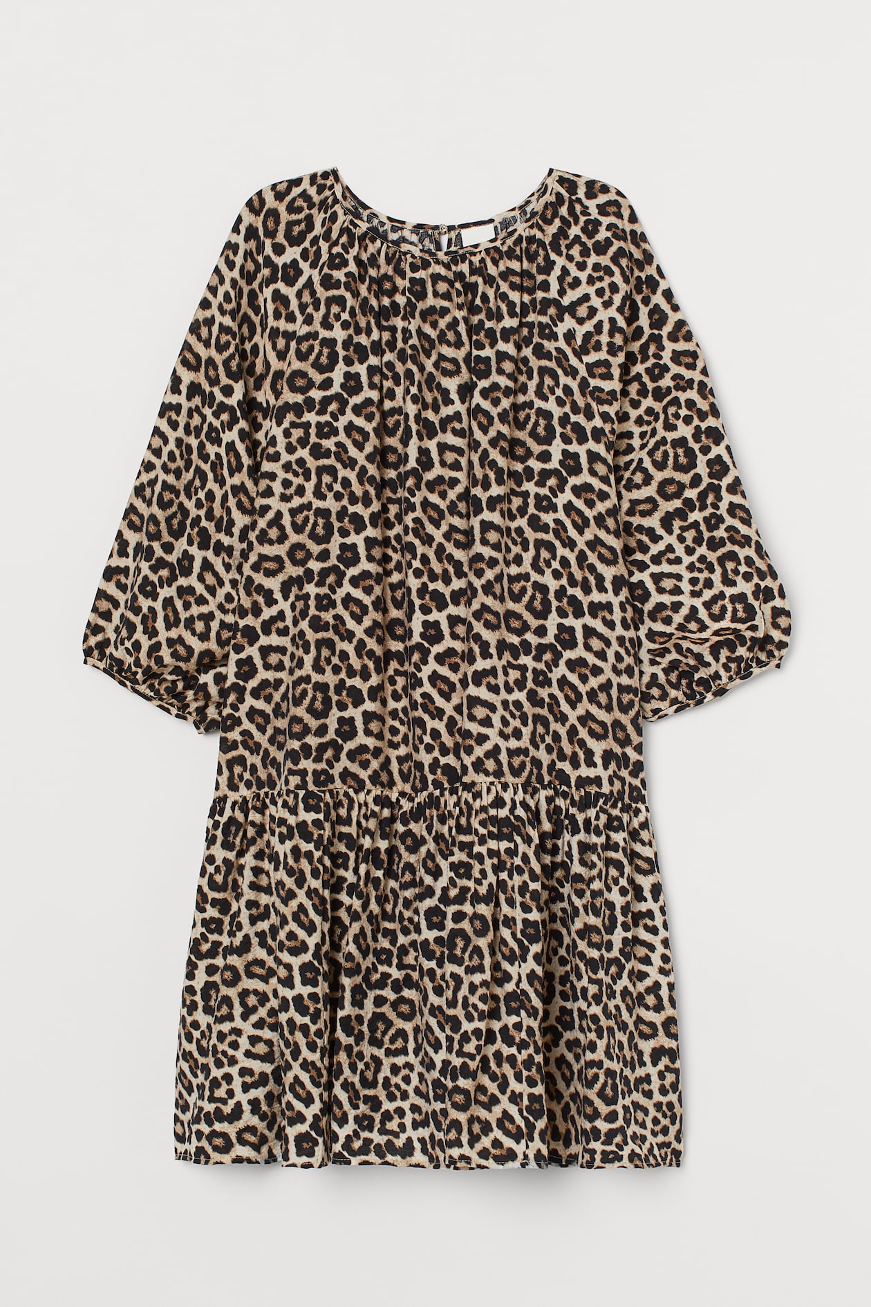 Balloon-sleeved Dress - Round Neck - 3/4 sleeve - Light beige/leopard ...