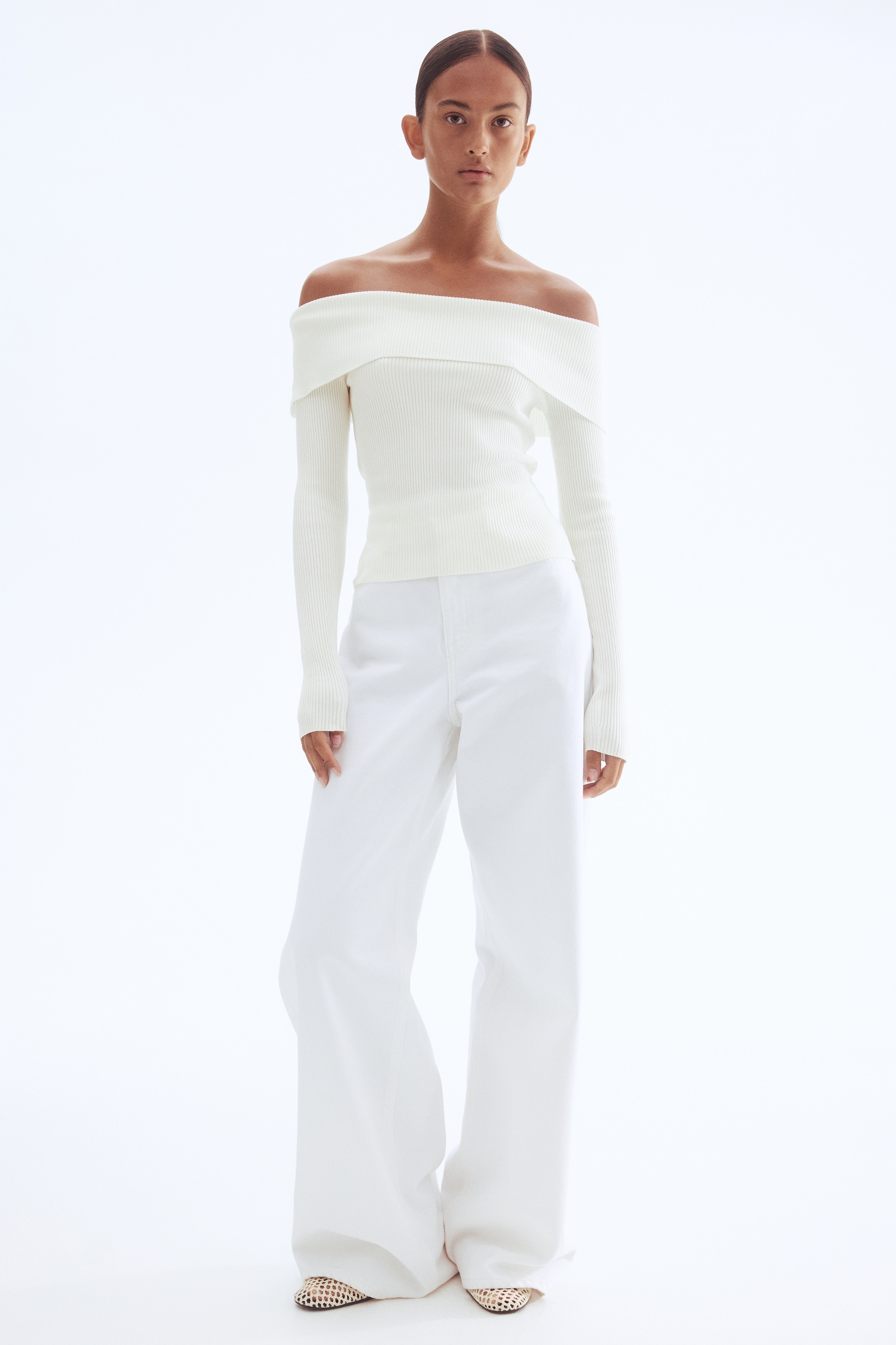 リブニット オフショルダートップス - バーガンディ - レディース | H&M JP