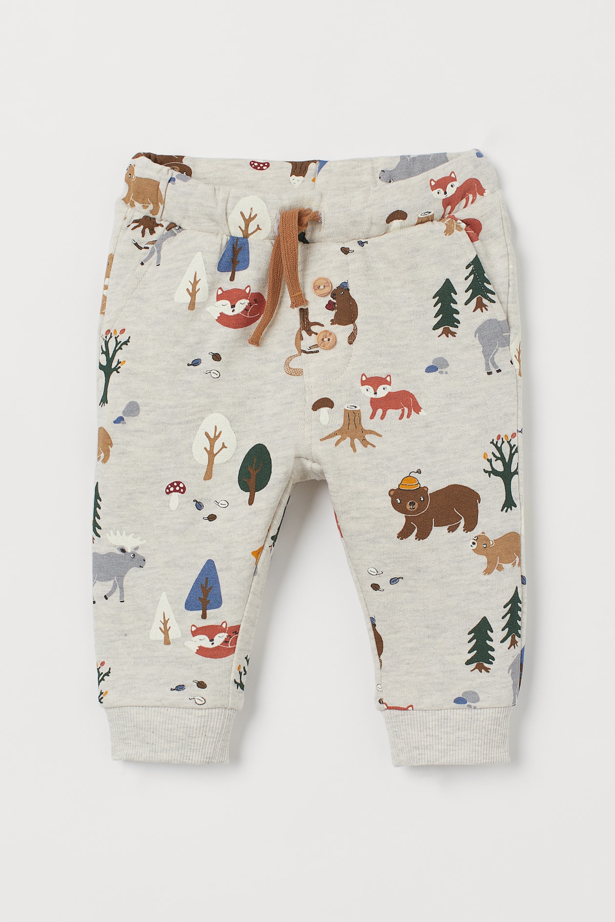 Cotton Joggers - Regular waist - Long - Beige melange/forest animals ...