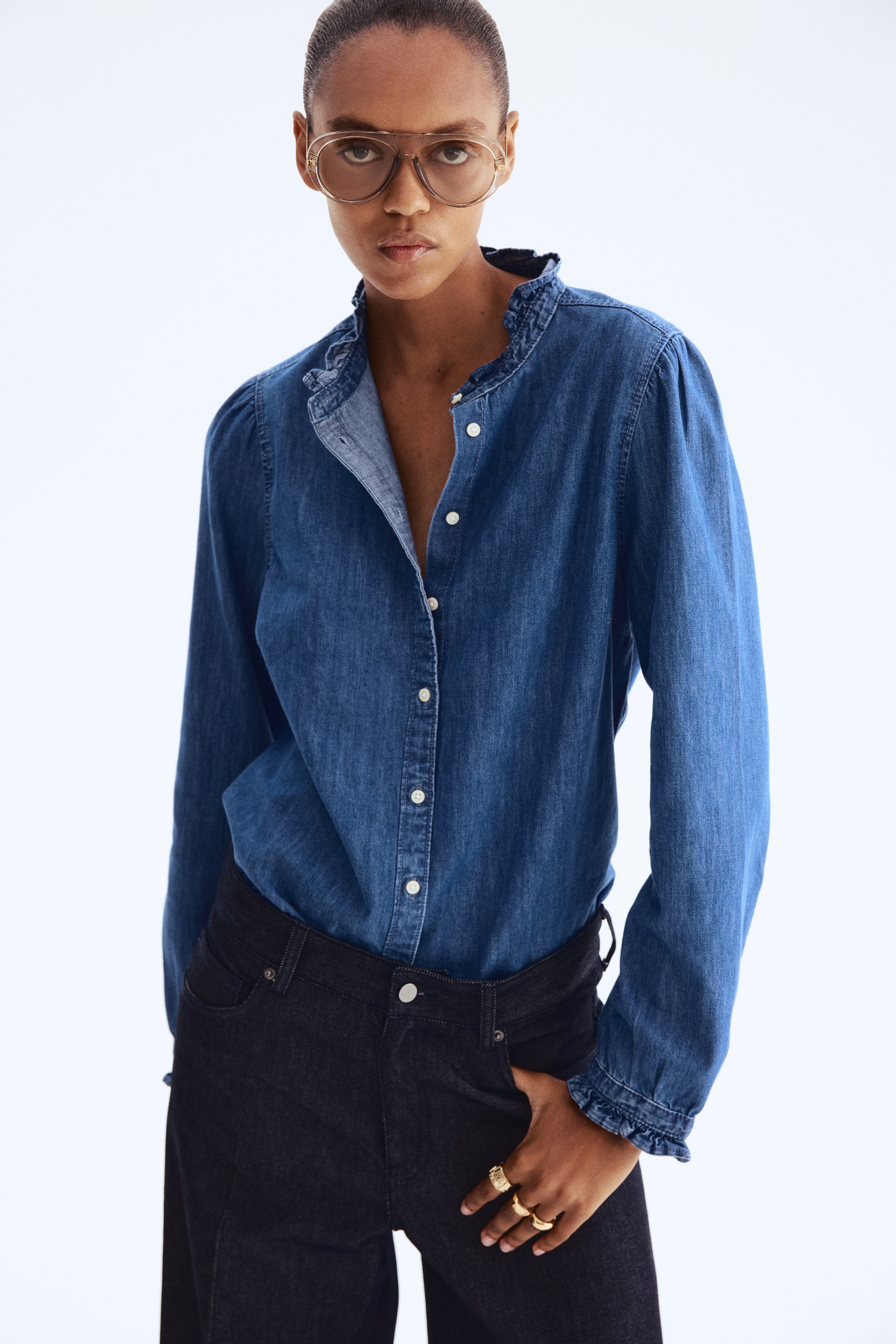 Frill-trimmed denim blouse