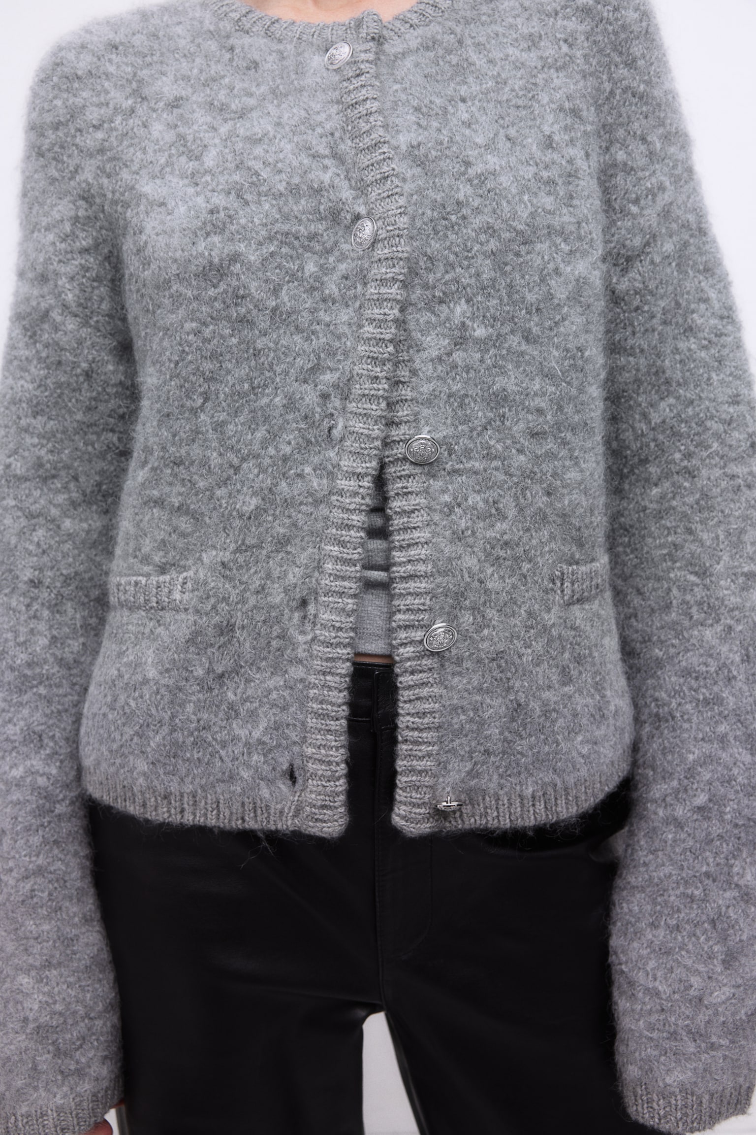 Wool-blend bouclé cardigan - Grey marl/Cream - 3