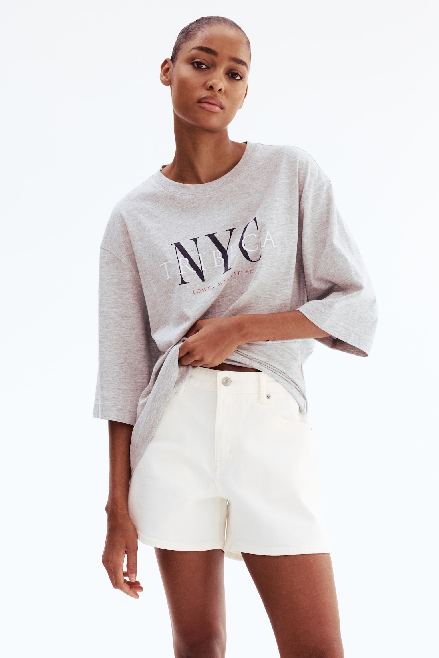 Oversized Cotton T-Shirt - Light gray melange/NYC/Light beige - 6