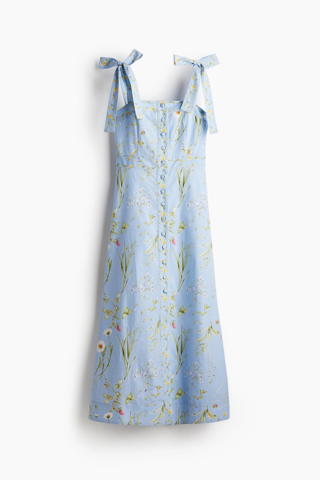 Robe en coton avec bretelles à nouer - Bleu clair/fleuri - 1