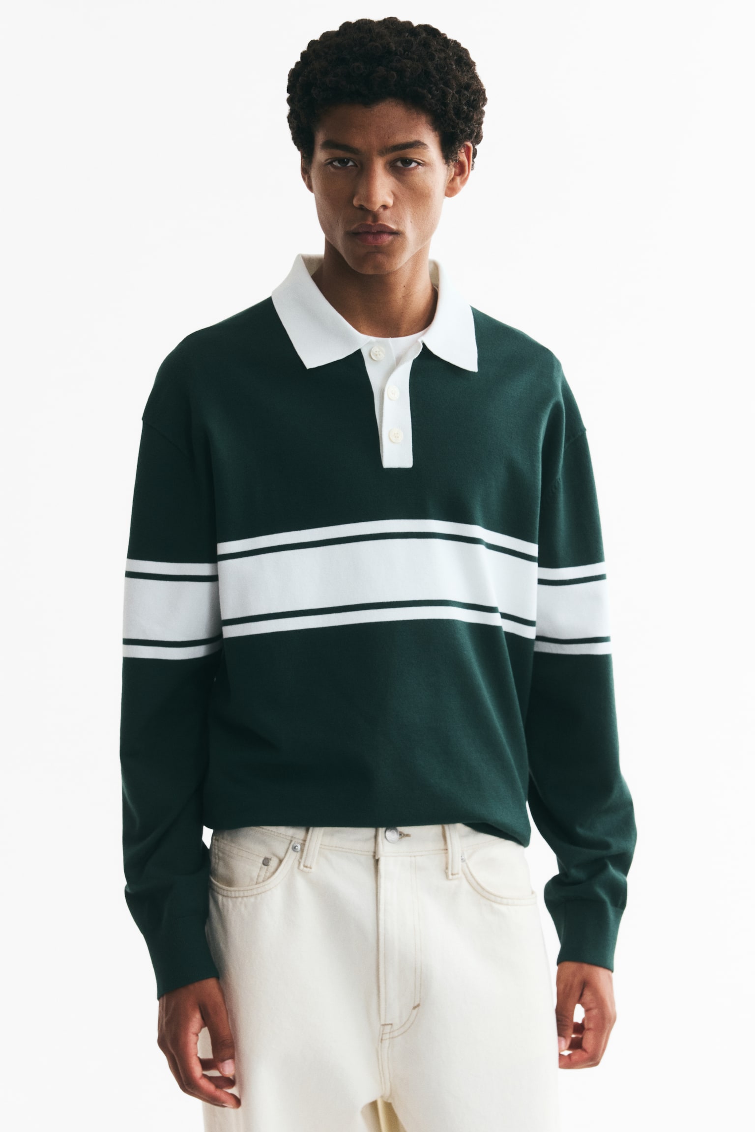 Suéter polo Loose Fit tejido - Verde oscuro/Bloque de color/Blanco/Bloque de color/Café/Franjas azul marino/Blanco/Franjas - 1