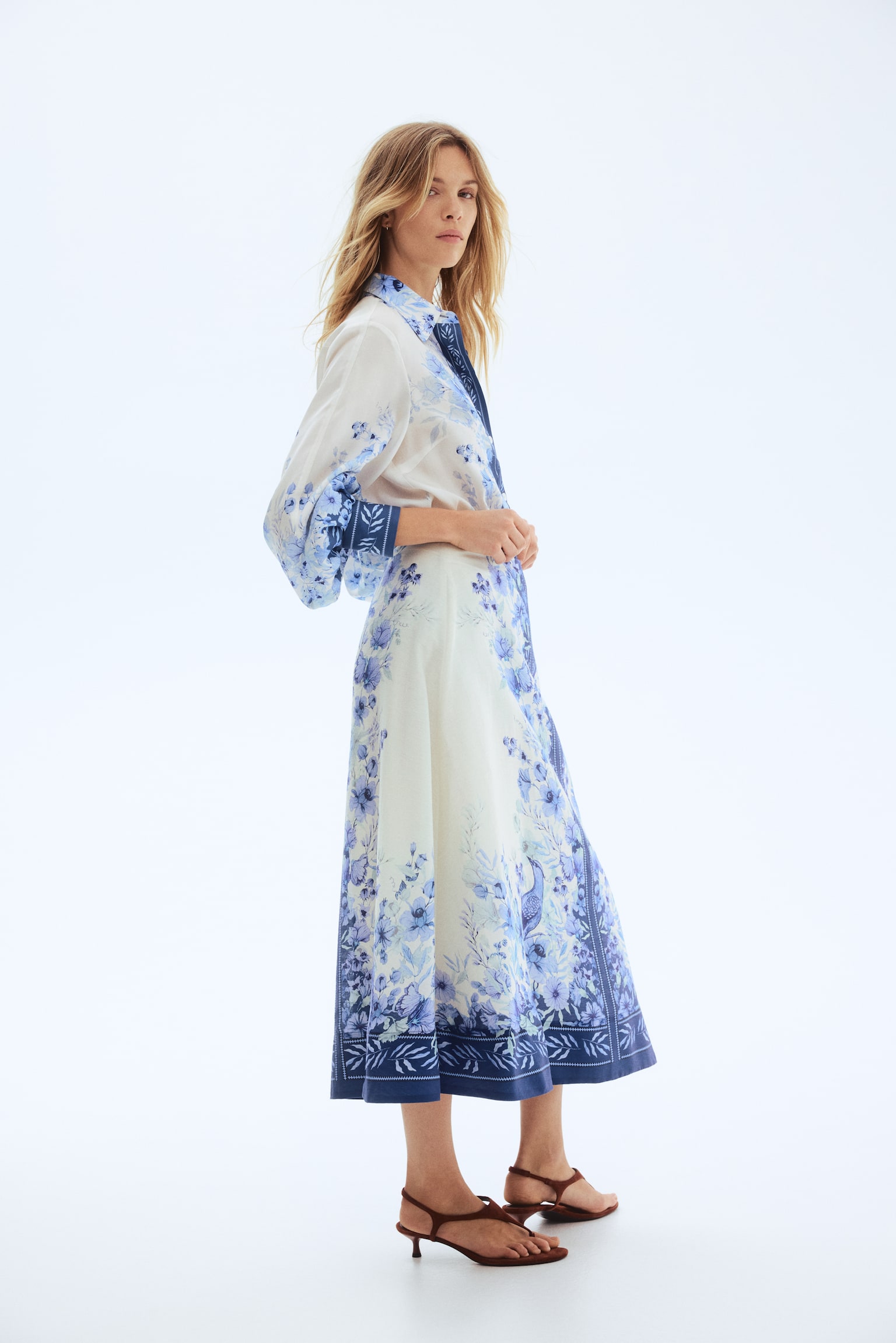 Максіспідниця на основі льону - Кремовий/блакитний квітчастий - 3