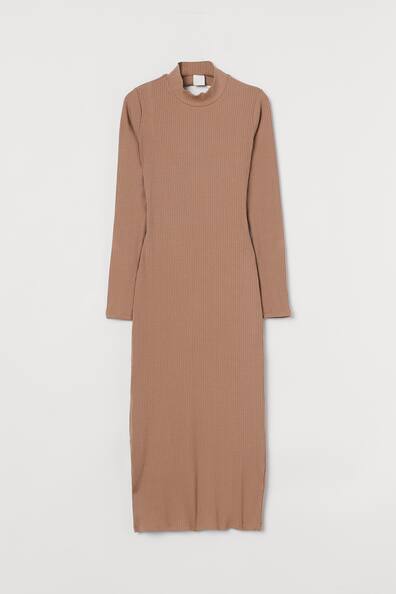 Ribbed jersey dress - Long sleeve - Midi - Dark beige - Ladies | H&M GB