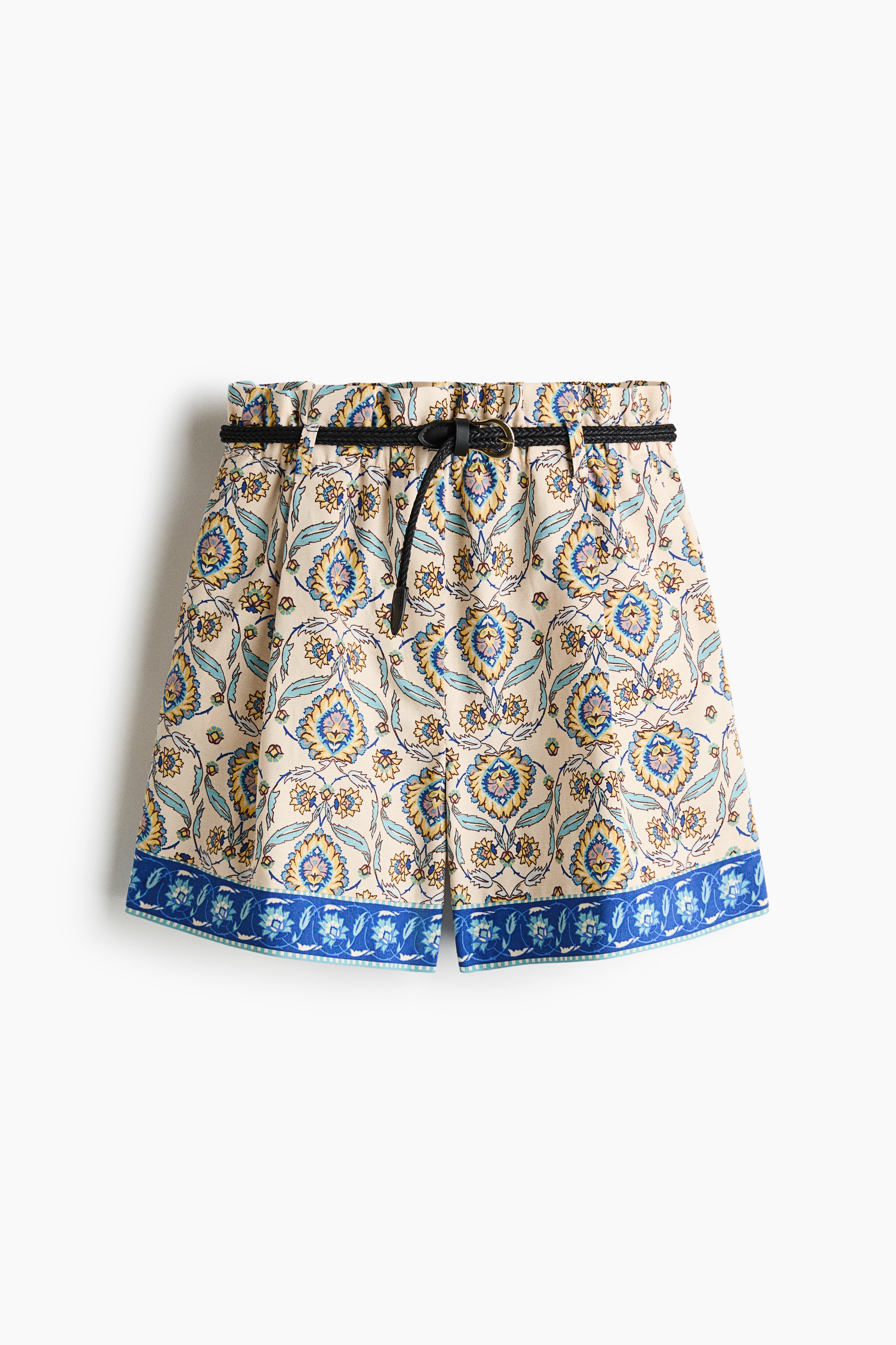 Belted linen-blend shorts - Light beige/Patterned