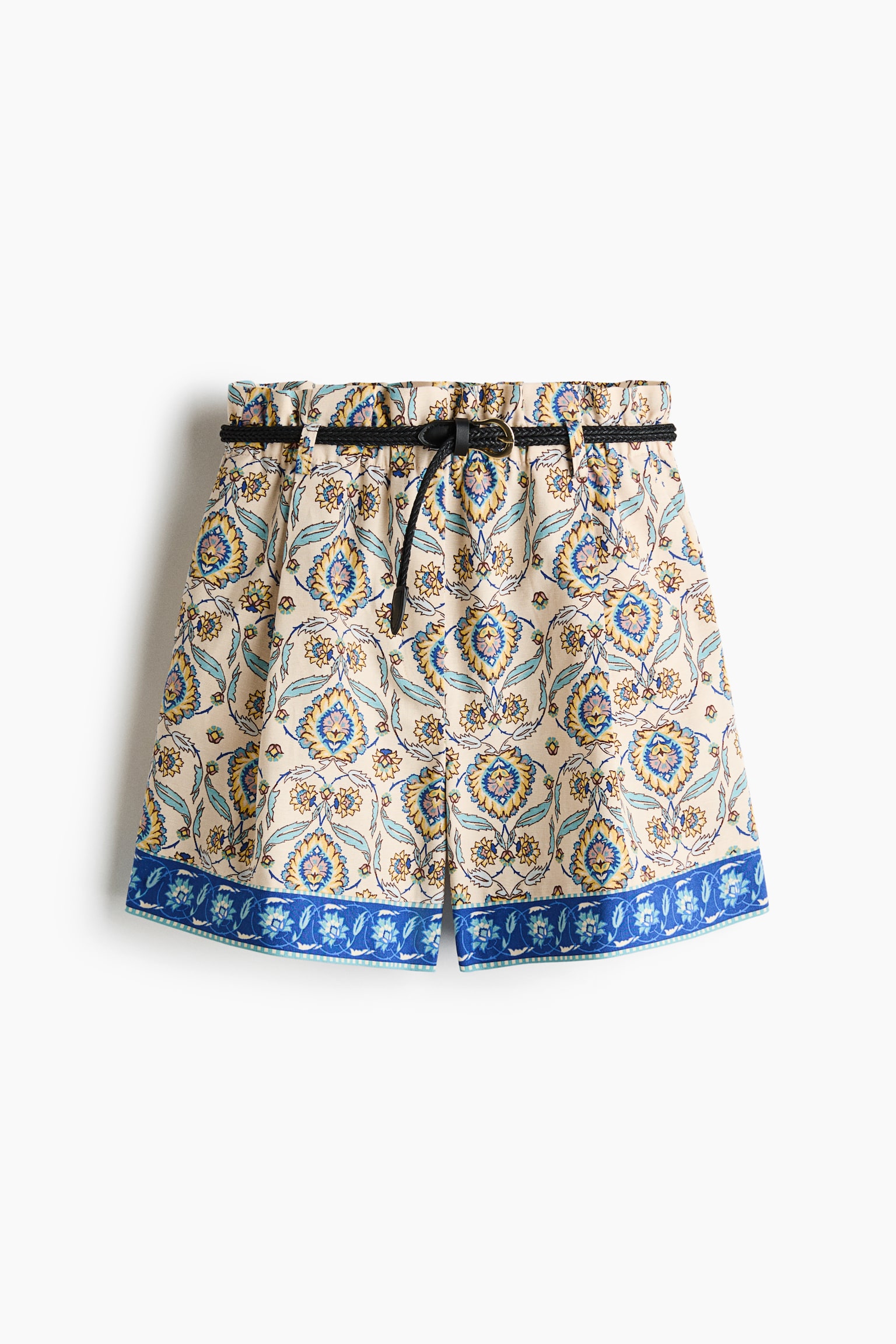 Belted linen-blend shorts - Light beige/Patterned