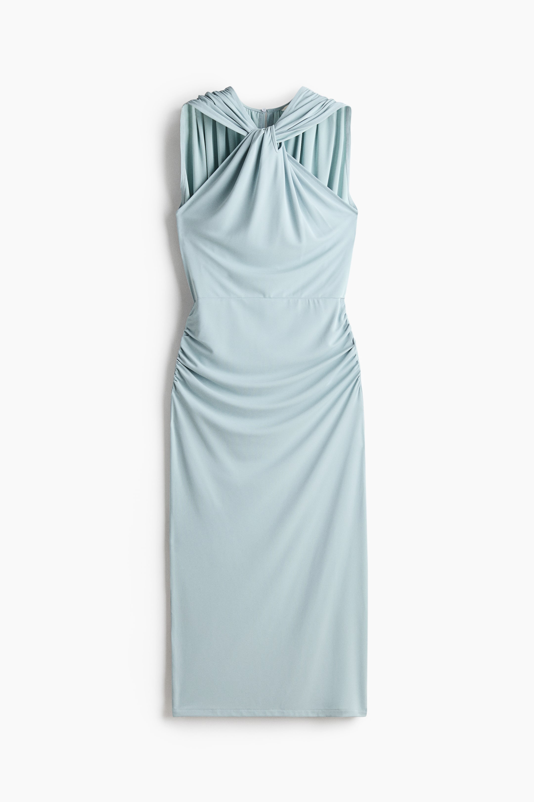 View larger image: A light blue midi dress featuring a twisted, draped halter neckline at the front, with a fitted waist and ruched detailing along the sides of its midi-length skirt.