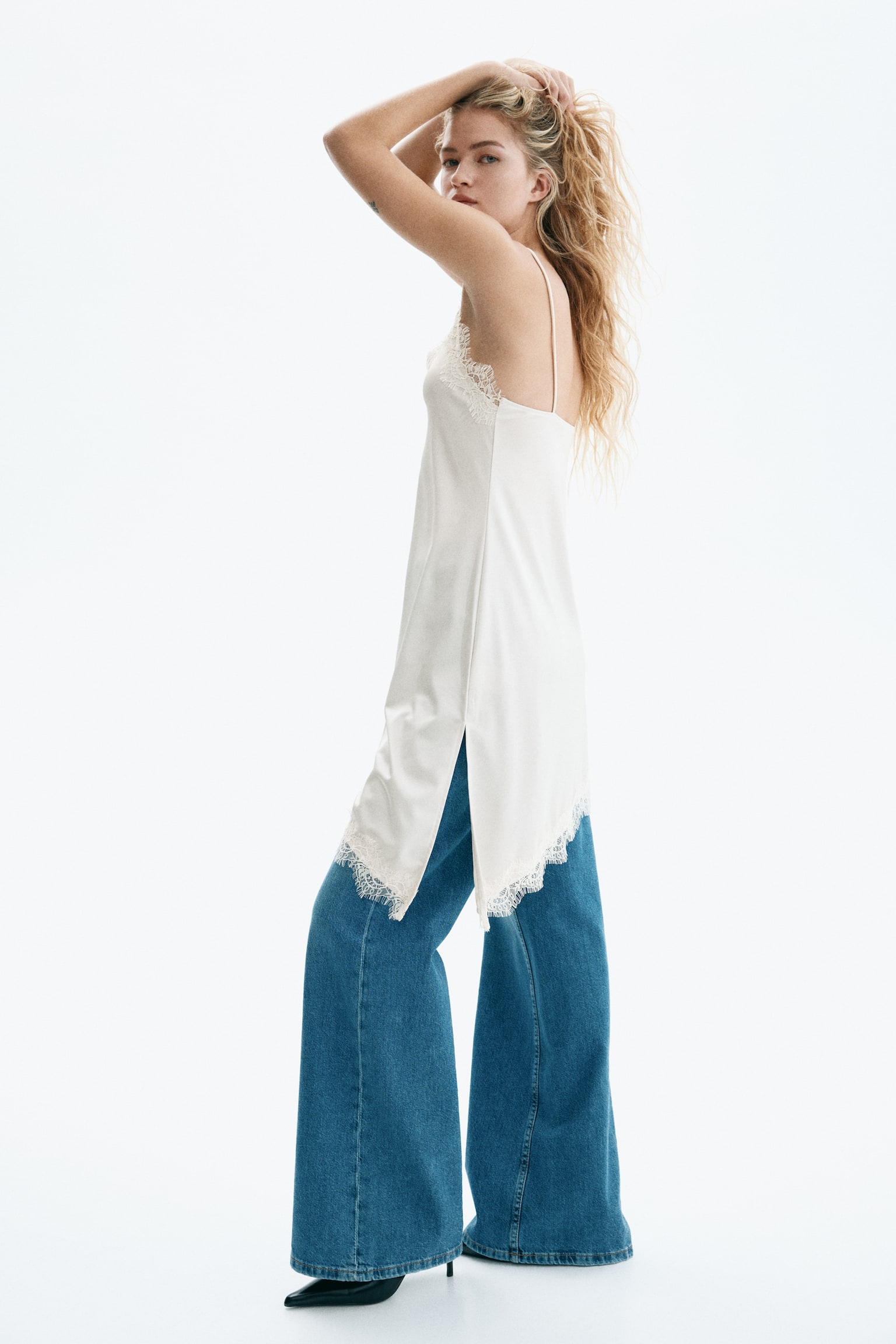 Lace-trimmed jersey slip dress - Cream/Black - 4