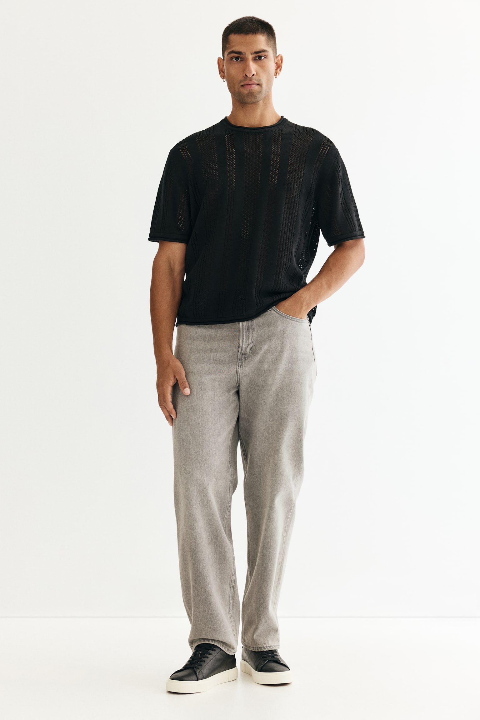 寬鬆剪裁紋理感針織T恤 - 黑色/白色 - 4