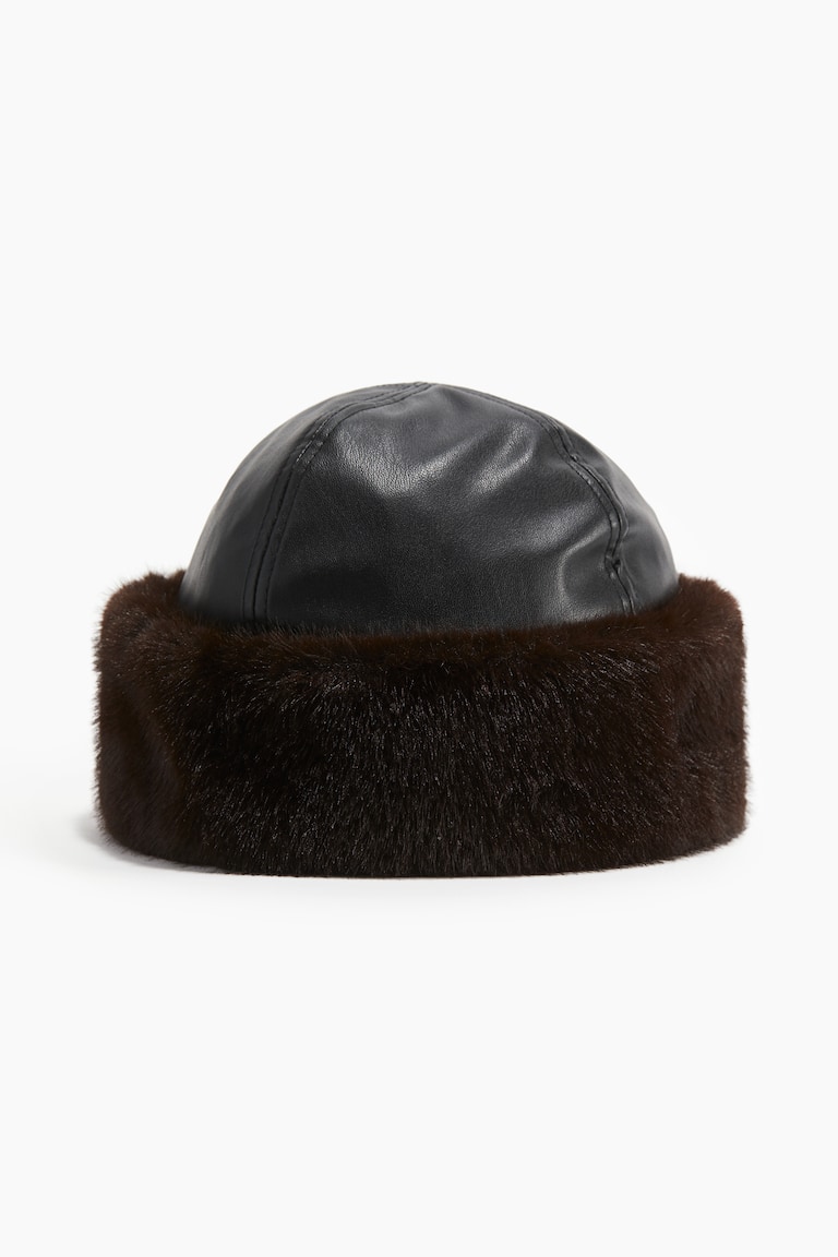 Fluffy-trim coated hat Black/Dark brown Ladies H&M GB