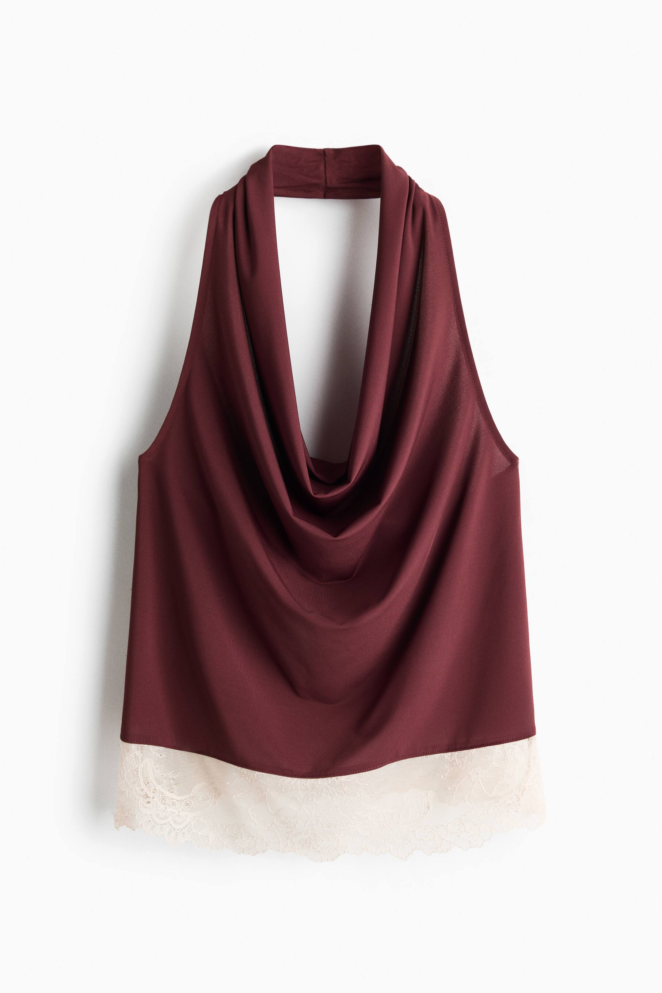 View larger image: Lace-trimmed halterneck top - Burgundy/Light beige - Ladies | H&M 1
