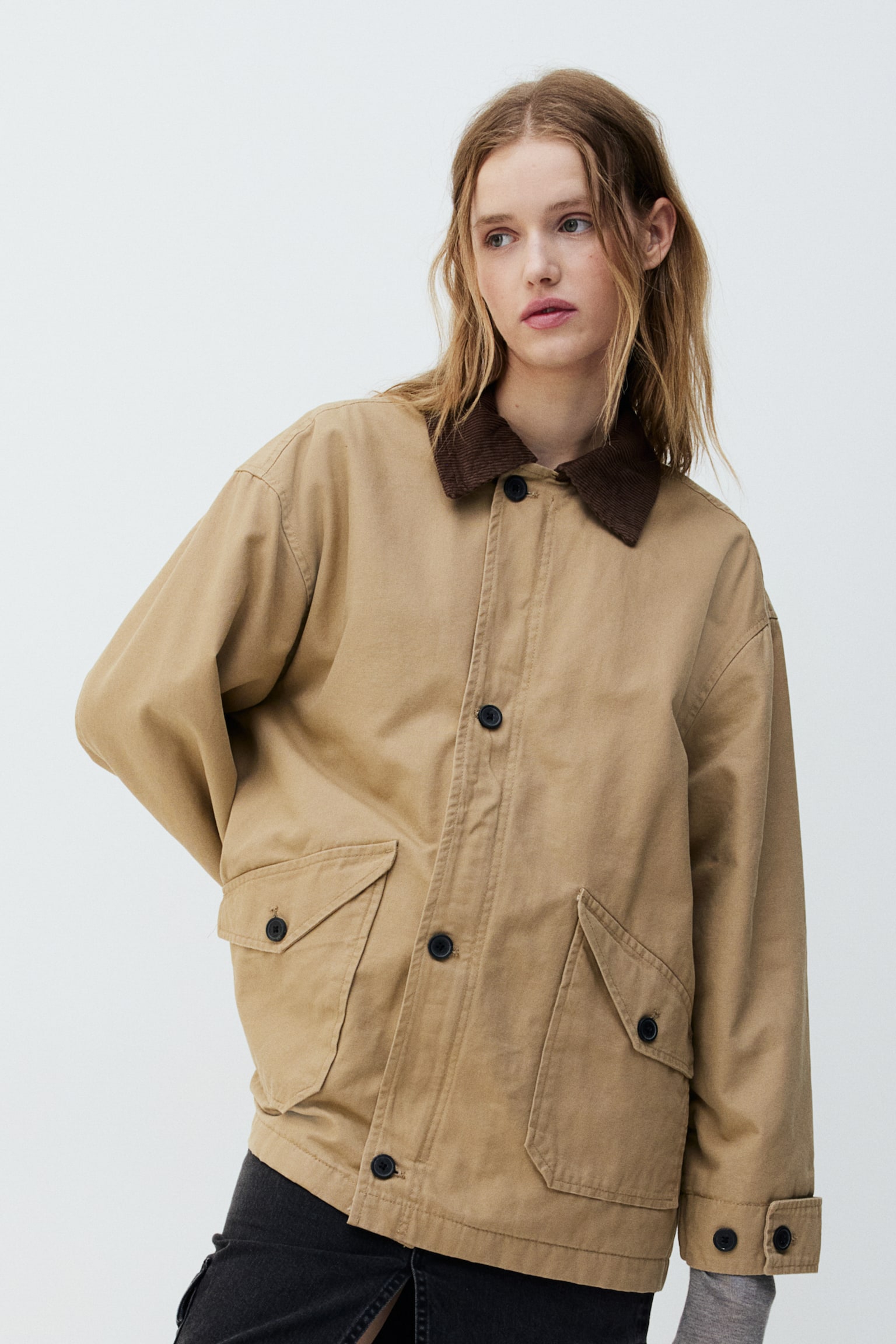 Oversized canvas jacket - Beige/Khaki green - 3