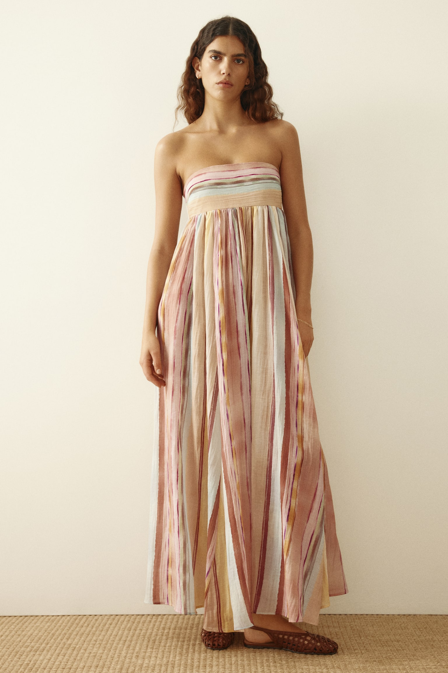 Dlhé šaty bez ramienok - Svetlobéžová/pruhovaná - 6