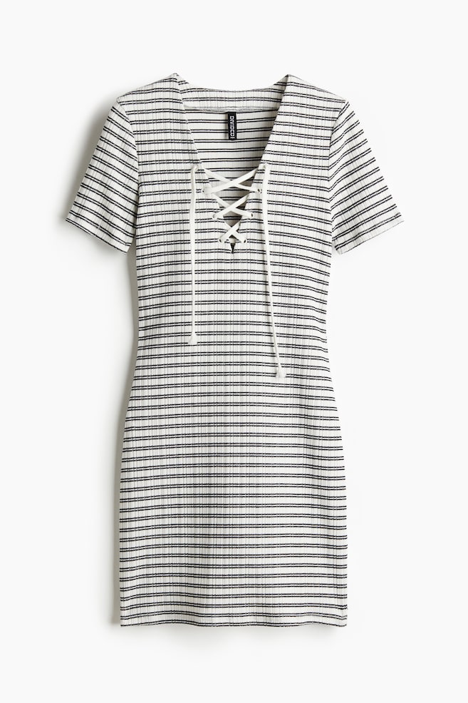 Lacing-detail bodycon dress - Cream/Striped - 1