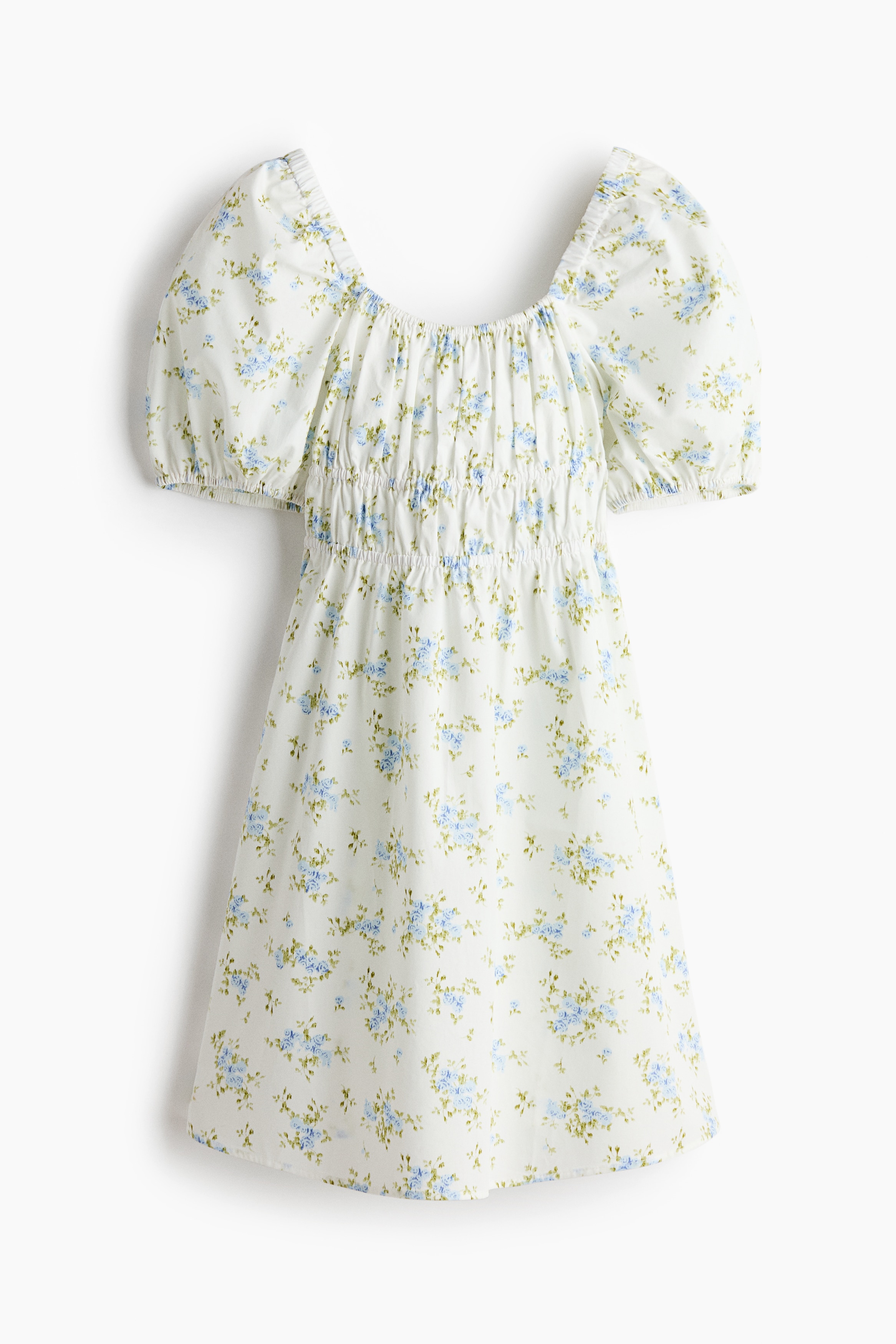 Vestido de popelina con mangas abombadas - Crema/Floreado/Crema/Floreado rosa/Azul claro