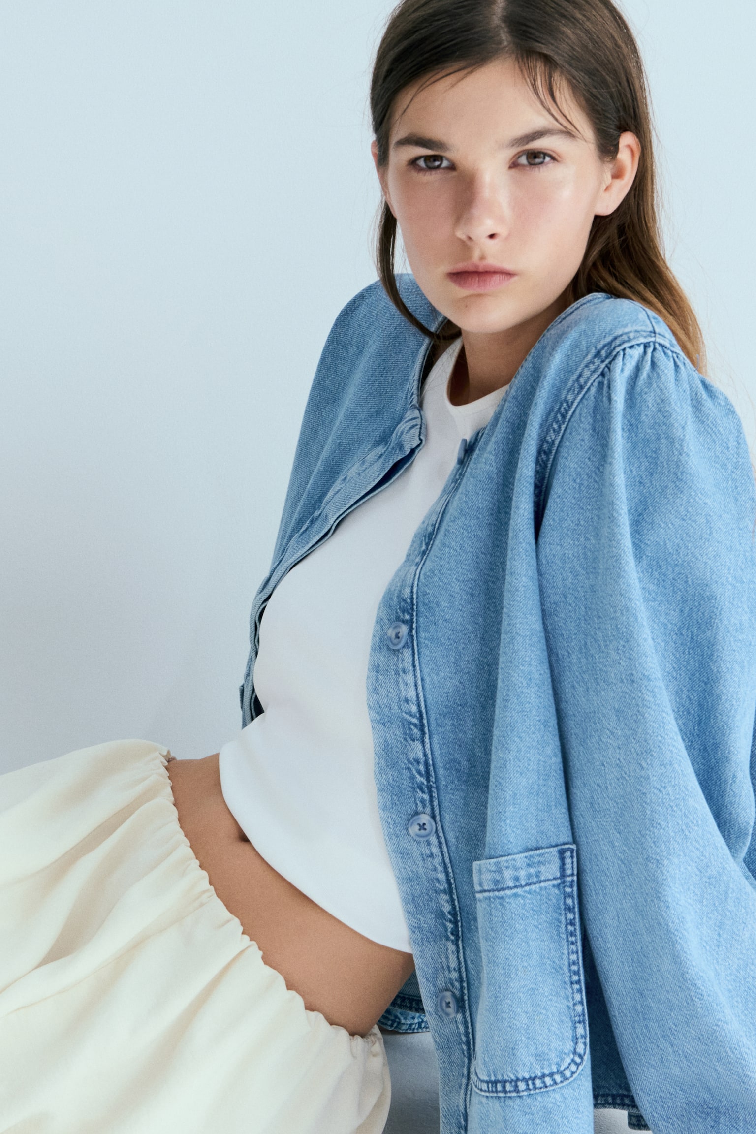 Puff-sleeved denim jacket - Light denim blue/Washed grey - 1