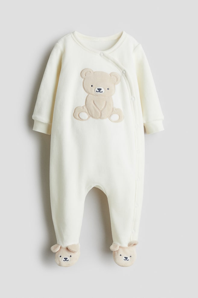 Pigiamino intero in velour con piedini - Bianco/orsetto - 1