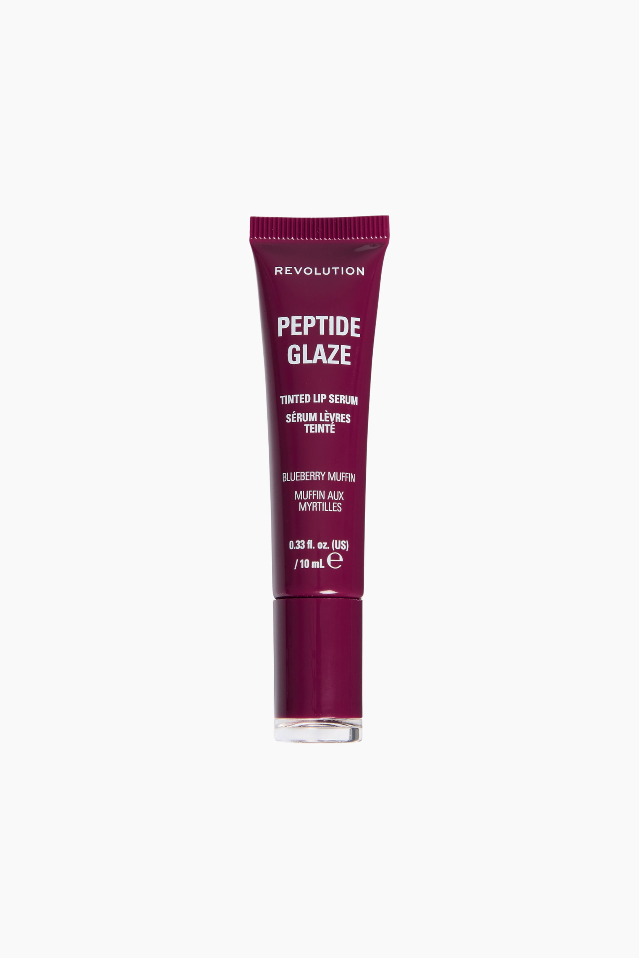 Visa större bild: Peptide Glaze Tinted Lip Serum står upprätt och vänd framåt, med en mörk plommonfärgad klämbar tub med matchande glansigt lock. Framsidan av tuben visar vit tryckt text med orden ”REVOLUTION”, ”PEPTIDE GLAZE” och ”BLUEBERRY MUFFIN”.