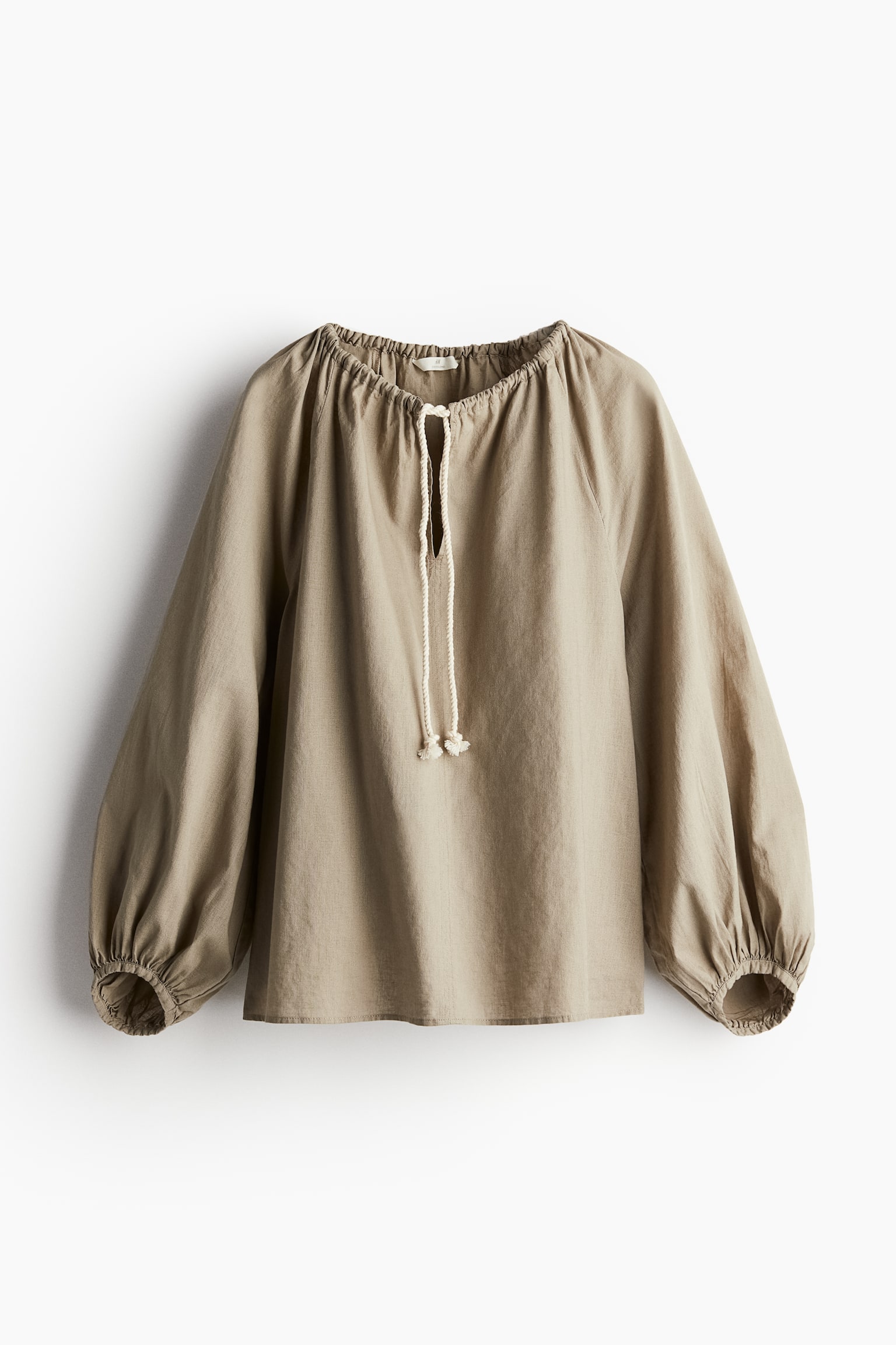 Linen-blend popover blouse - Dark beige/White - 2