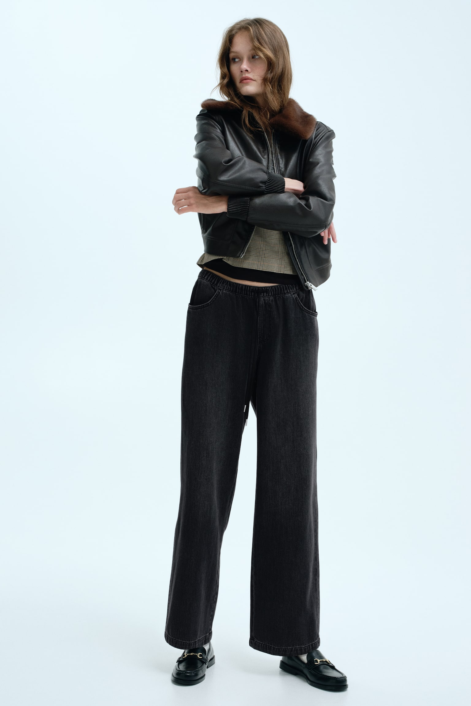 Дънков панталон с връзка - Пран черен/Бледосин деним/Светлосин деним - 5