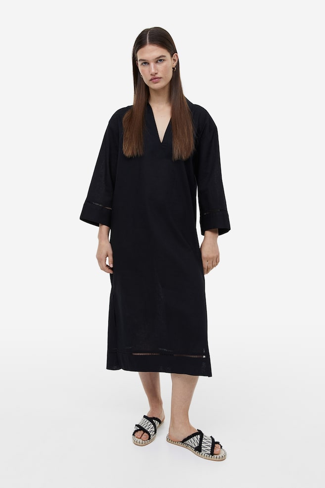Linen-blend kaftan dress - Black - 1