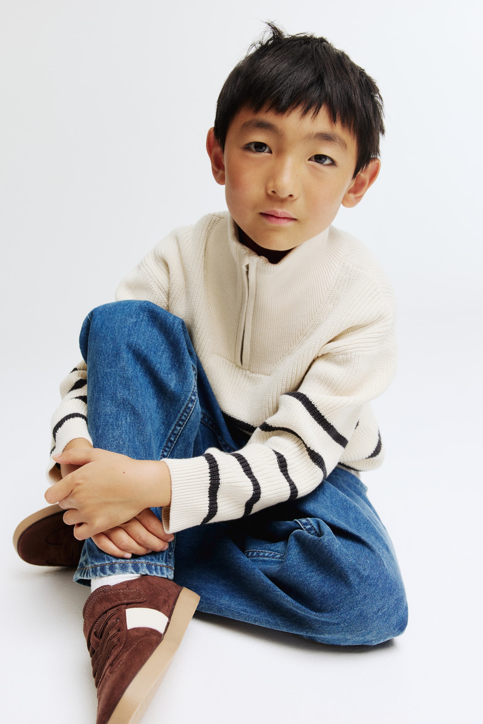 Zip-top cotton jumper - Cream/Striped - 5