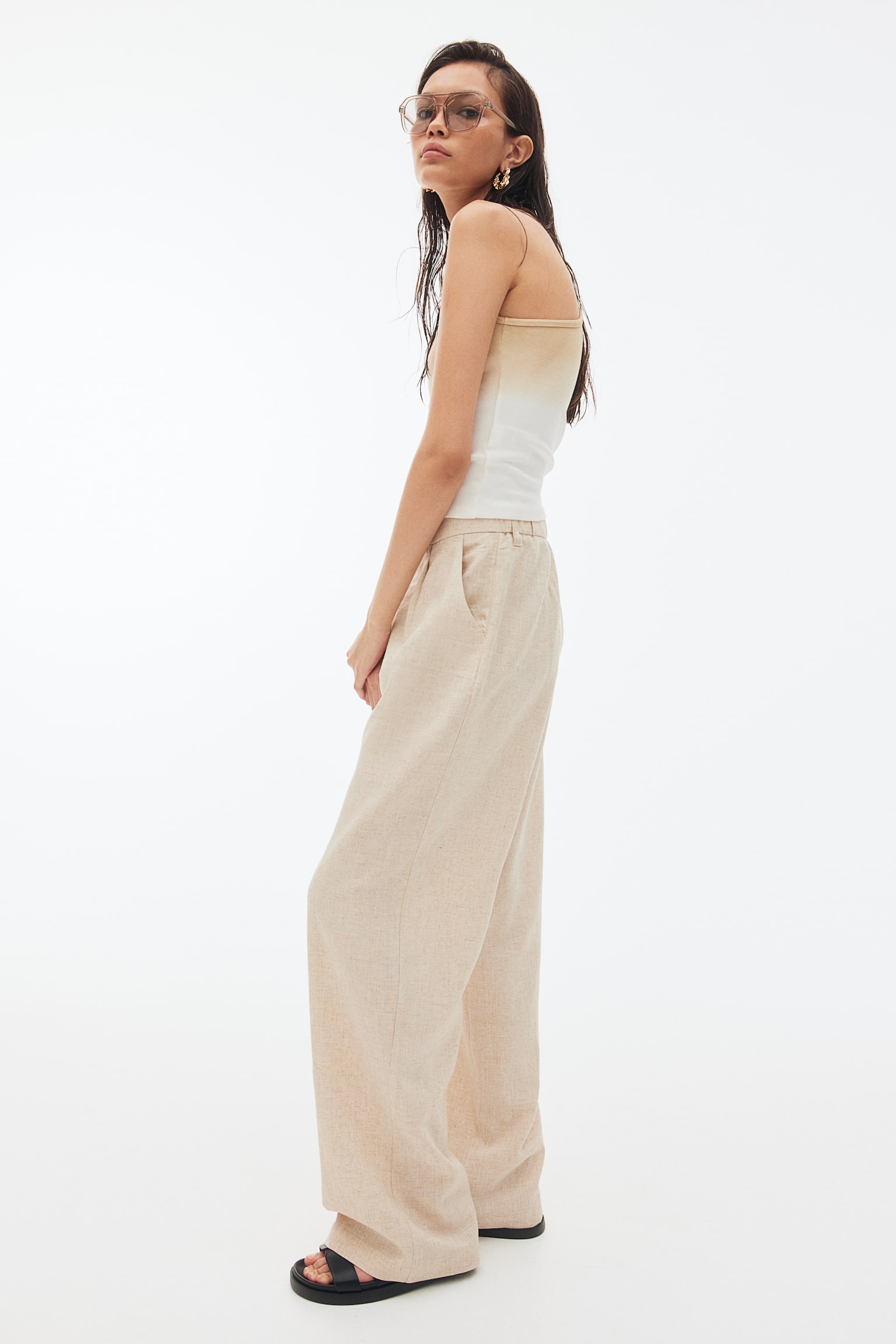 Linen Blend Tailored Pants - Light beige/Black - 3